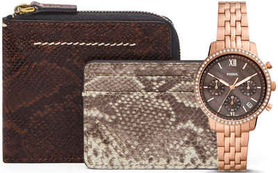 Fossil Chronograph Neutra, ES5218, (Set, 3-tlg., mit Geldbörse und Kartenetui aus Leder), Quarzuhr, Armbanduhr, Damenuhr, Exklusiv-Set, ideal auch als Geschenk