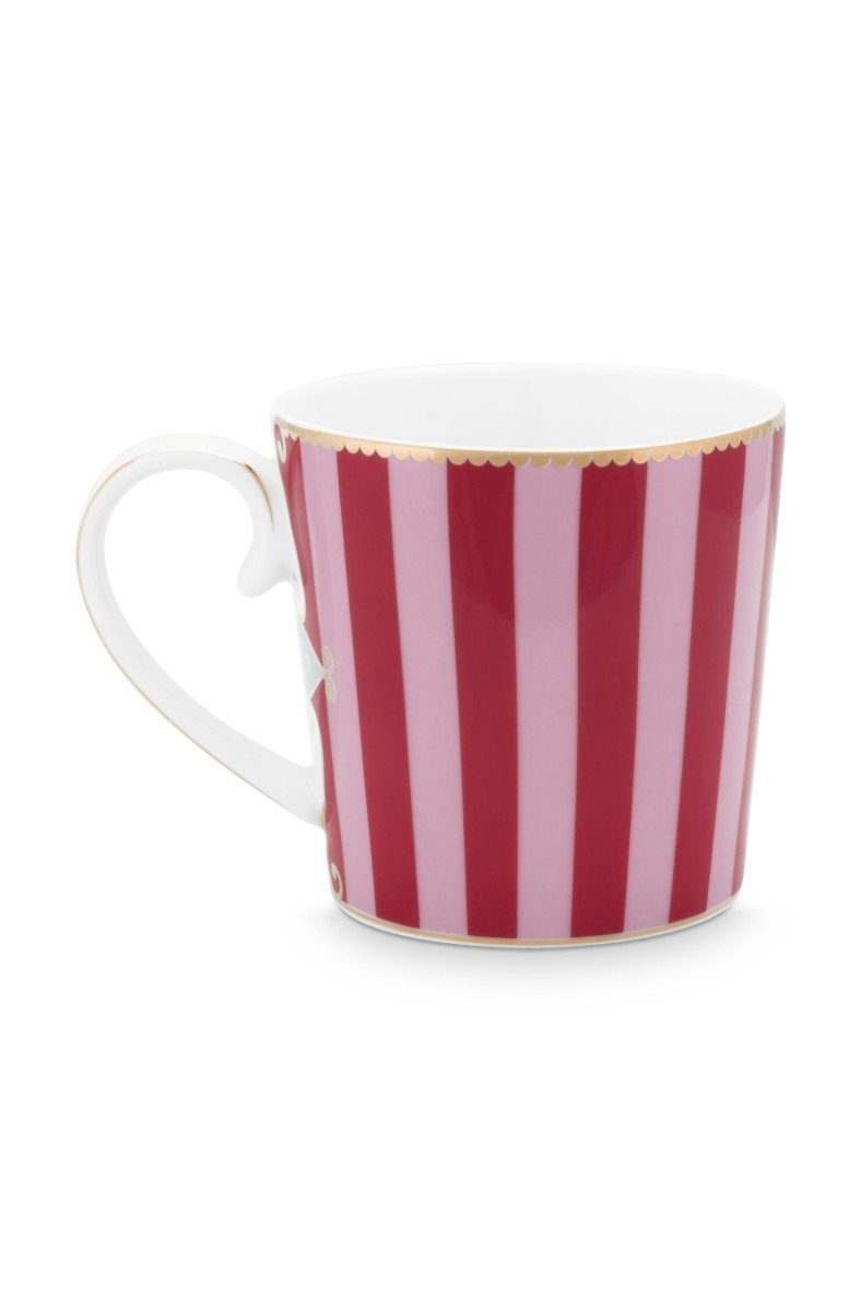 PiP Studio Becher Love Birds Medaillion Henkelbecher Stripes rot/pink 250ml, Bone China, Mug Large Love Birds Medallion Stripes Red-Pink 250ml