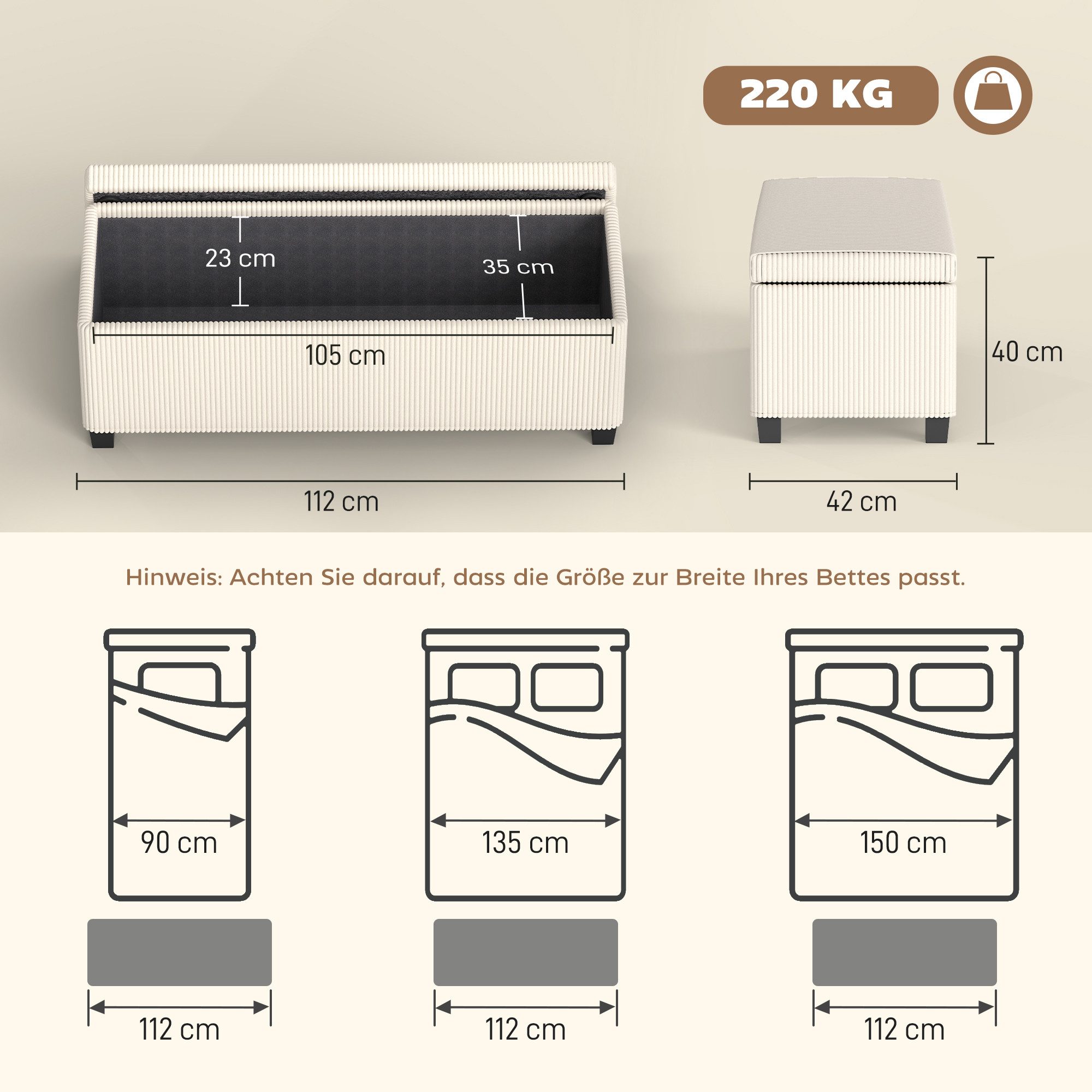 HOMCOM Sitzbank Polsterbank mit Stauraum und Cord-Optik, Sitztruhe für Wohnzimmer (Fußhocker aus Cord mit abnehmbarem Deckel, Beinen, 1-St., Aufbewahrungstruhe für Wohnzimmer, Schlafzimmer), 112 x 42 x 40 cm, Beige