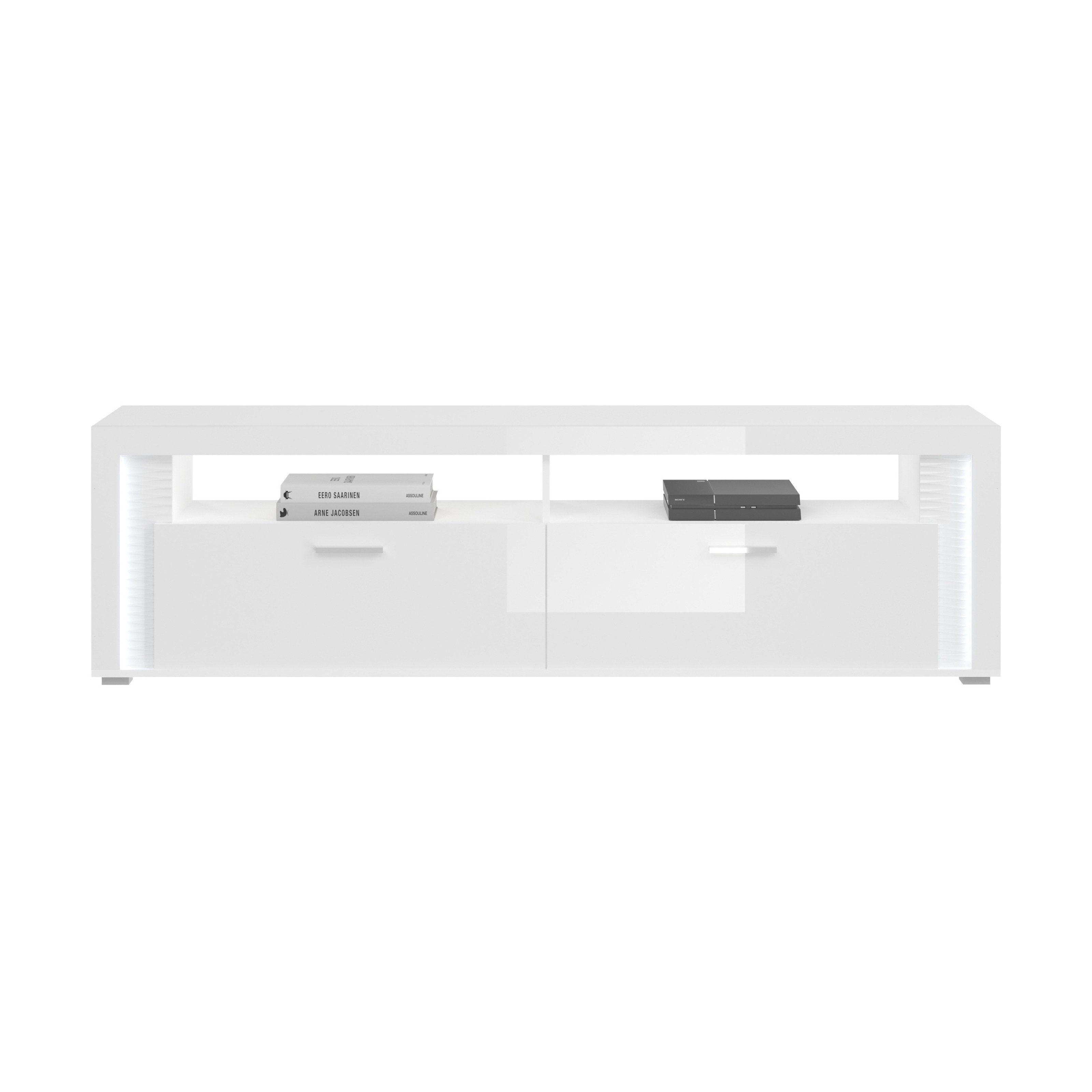 furnling Wohnzimmer-Set Stanley, (4-St., Lowboard, 2 halbhohe Vitrinen, Wandboard), Breite 351 cm, Hochglanz Front, Frontbeleuchtung, Wohnzimmermöbel