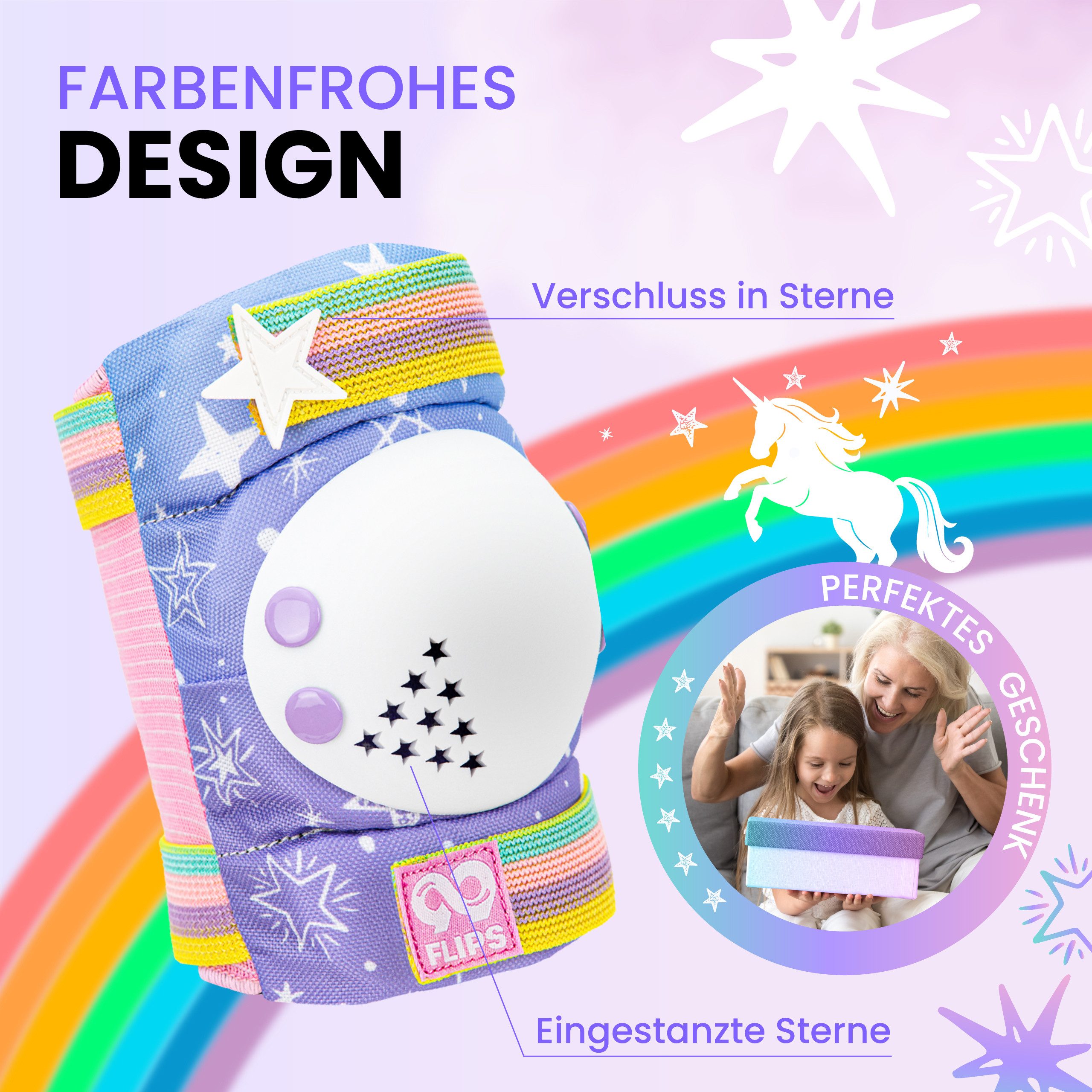 99FLIPS Protektoren-Set 3-12 Jahre - Einhorn Knieschoner Kinder Schlittschuh Schoner Set (Schützer Set Kinder für Skateboard Inline Skates Rollschuhe, 7-tlg., K – Bild 5 von 5