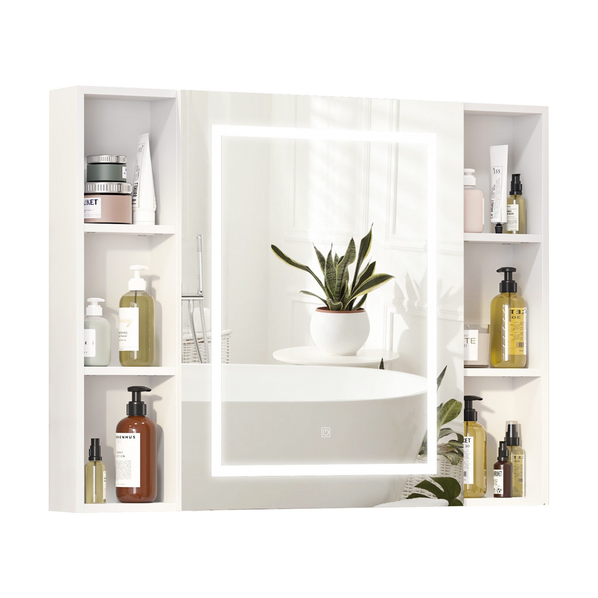 radelldar Badezimmerspiegelschrank mit LED-Beleuchtung & offenen Regalen, 100x76x13,5 cm, Weiß (1-St) Spiegelschrank mit Stauraum, 3 Farben, Dimmbar