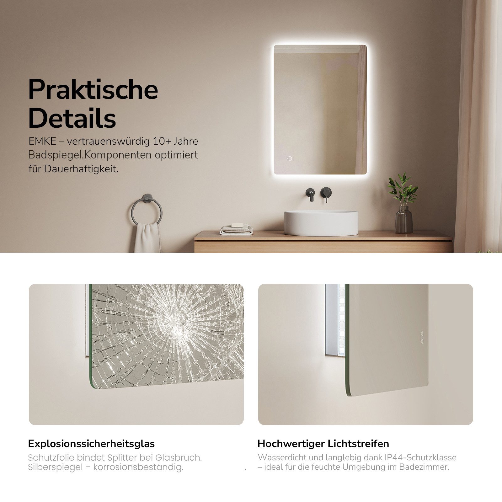 EMKE Badspiegel Badezimmers piegel mit LED Beleuchtung rahmenlos eckig Wandspiegel (Veritial und Horizontal möglich), mit Intelligenter Touchschalter, Kaltweiße – Bild 4 von 5