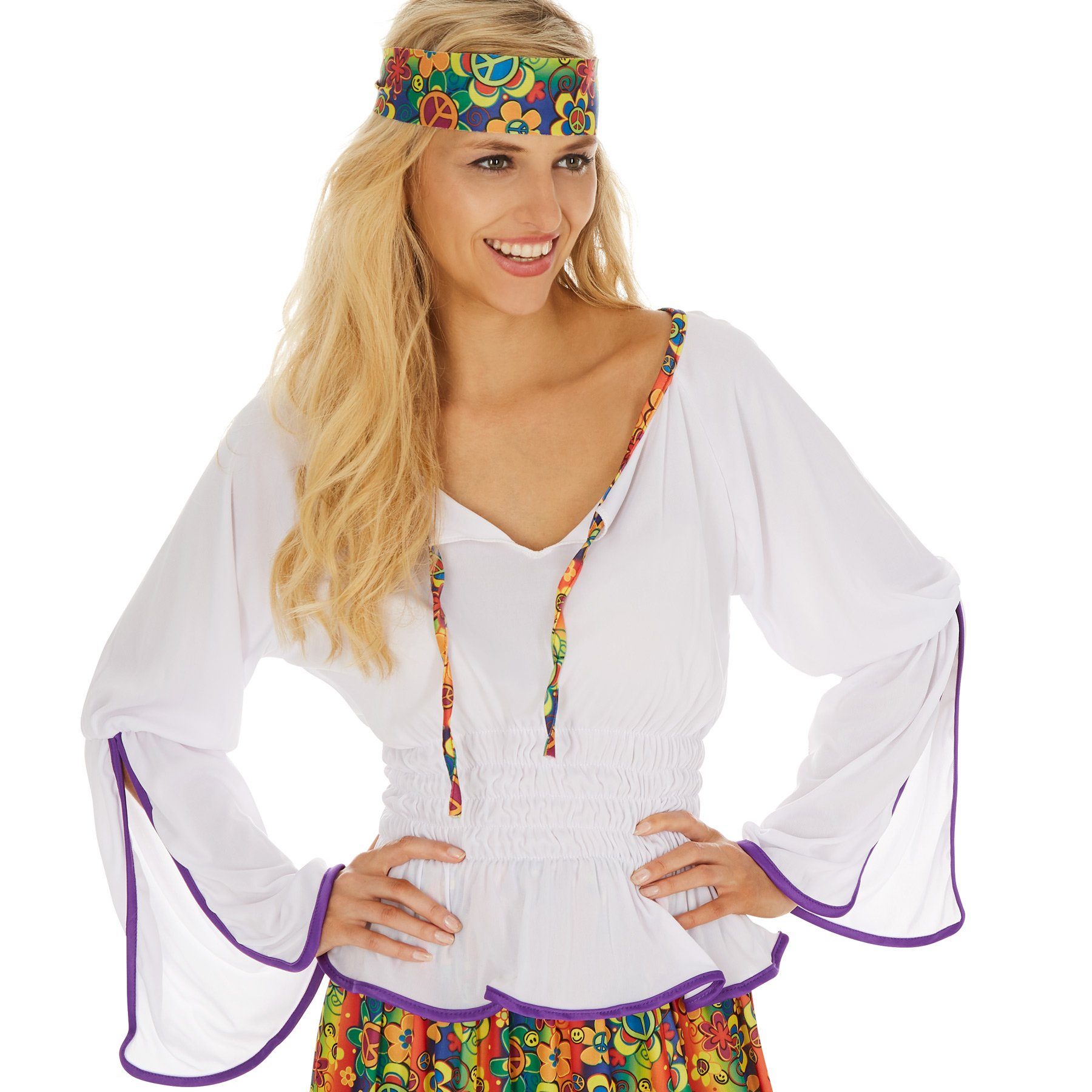 dressforfun Hippie-Kostüm Frauenkostüm Lady Love & Peace, Schönes Oberteil mit lila Borte verziert