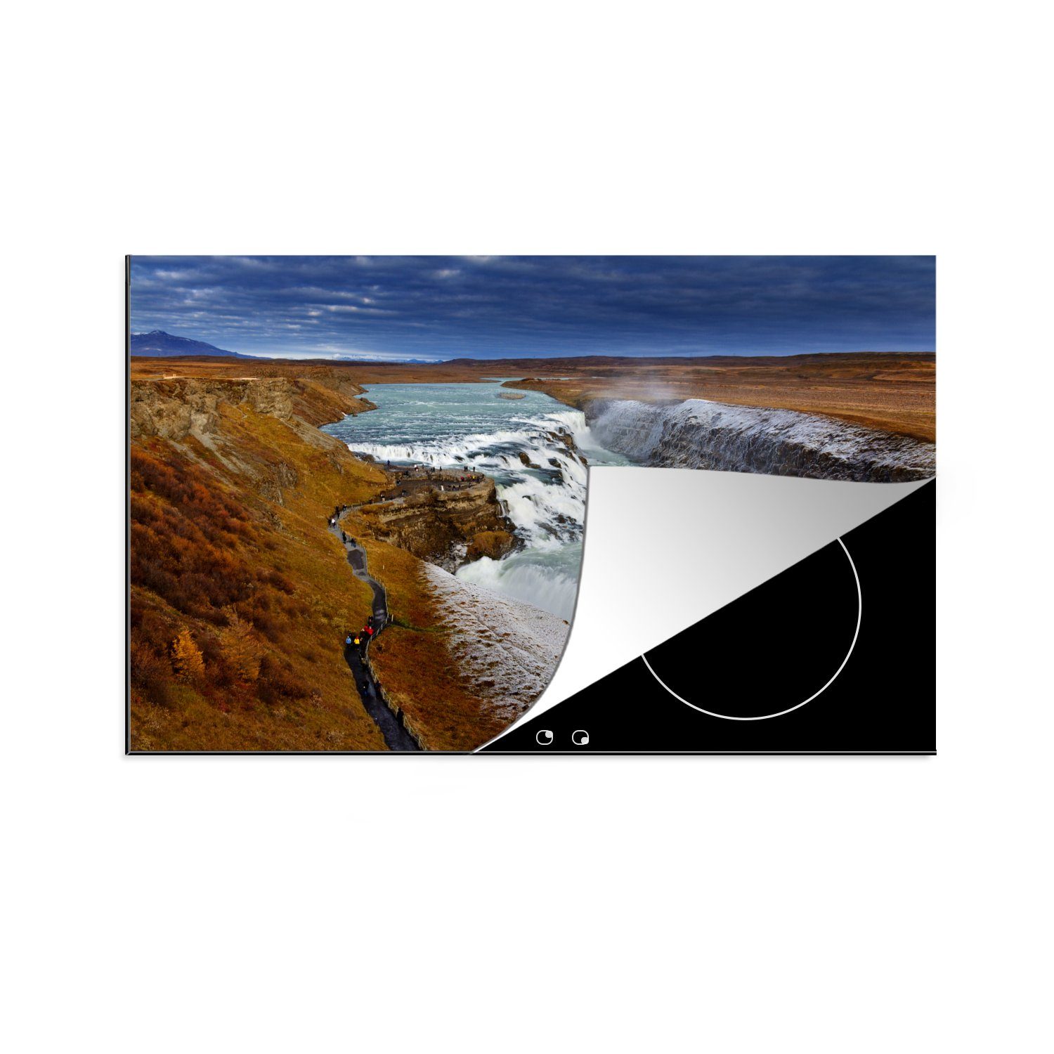 küche, Island, die Gullfoss-Wasserfall Dunkler Ceranfeldabdeckung Himmel am tlg), MuchoWow Vinyl, 81x52 (1 für Induktionskochfeld Herdblende-/Abdeckplatte in Schutz cm,