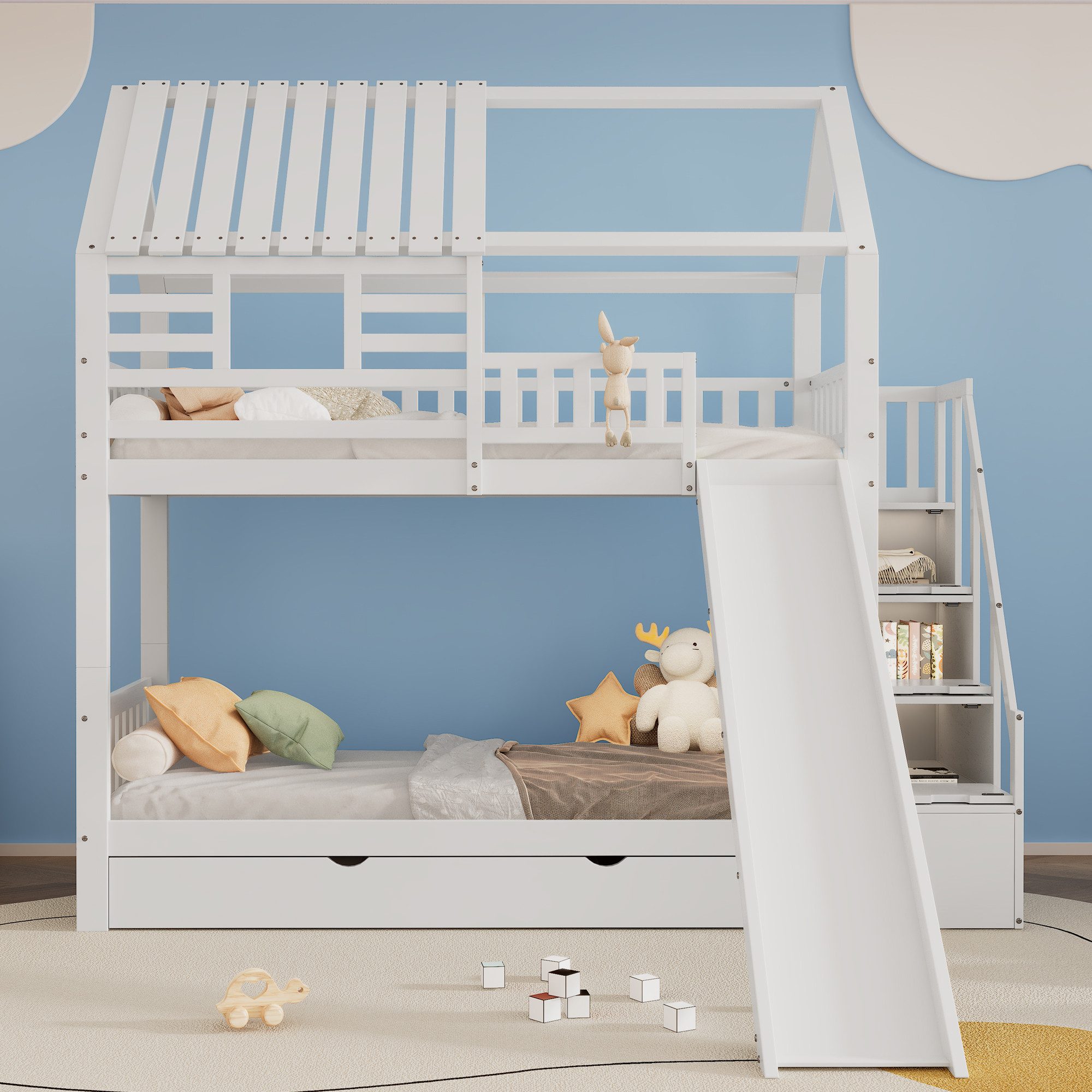 OKWISH Etagenbett Kinderbett mit Treppe und Rutsche, Hausbett, Treppe mit Stauraum (Rahmen aus Kiefernholz und MDF, Kinderbett mit Fenster und Dach, mit Fallschutzgitter und Schublade, 90x200cm), ohne Matratze