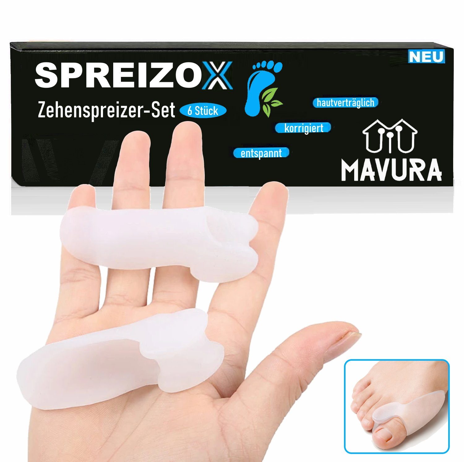 MAVURA Zehenspreizer SPREIZOX Zehenspreizer Zehentrenner Ballenschutz Silikon Hallux Valgus, [6 Stück], Korrektur Zehenbandage Zehenkorrektur Zehen Trenner Spreizer