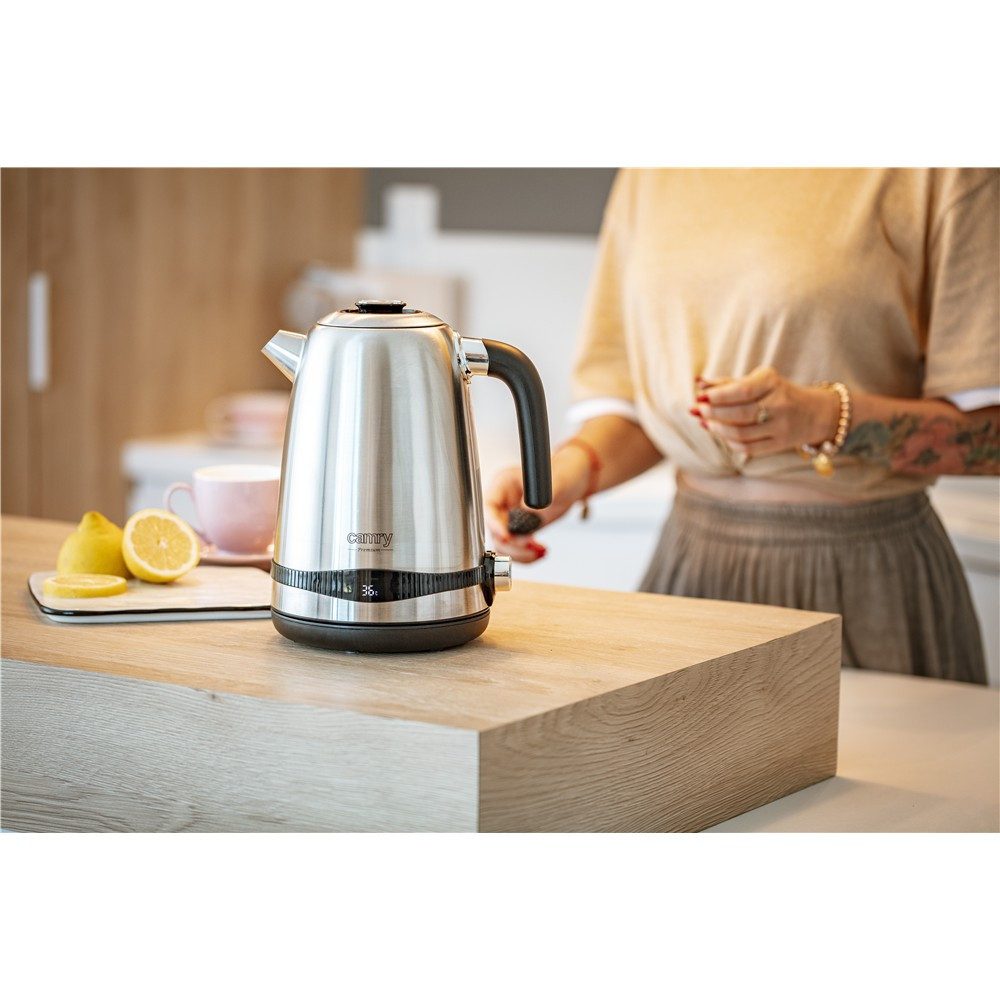 Camry Wasserkocher CR 1291 Edelstahl Wasserkocher mit Temperatureinstellung Teekocher, 1,7 l, 2200 W, mit LCD-Display Temperaturregler Warmhaltefunktion Silbern