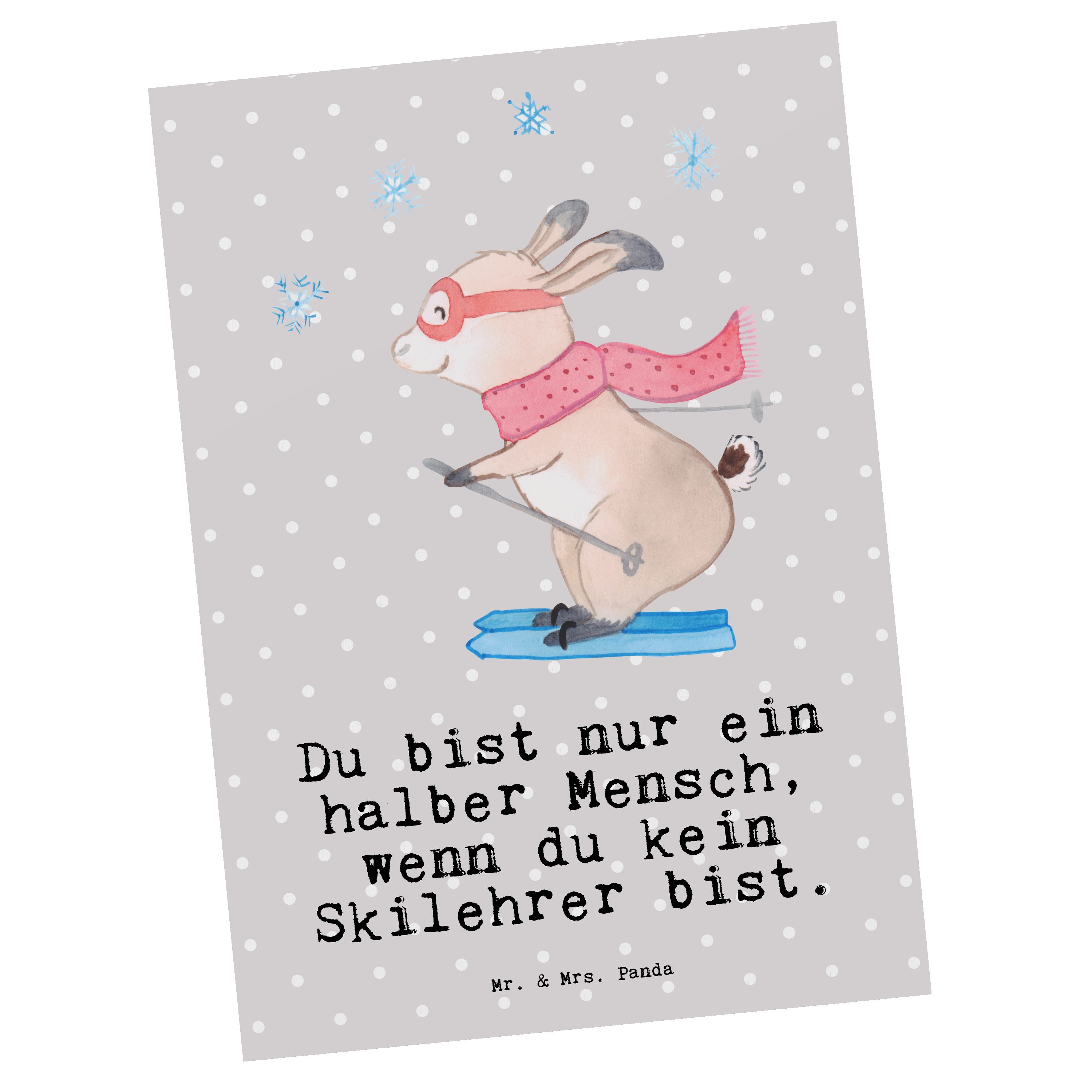 Mr. & Mrs. Panda Postkarte Skilehrer mit Herz - Grau Pastell - Geschenk, Einladungskarte, Ansich
