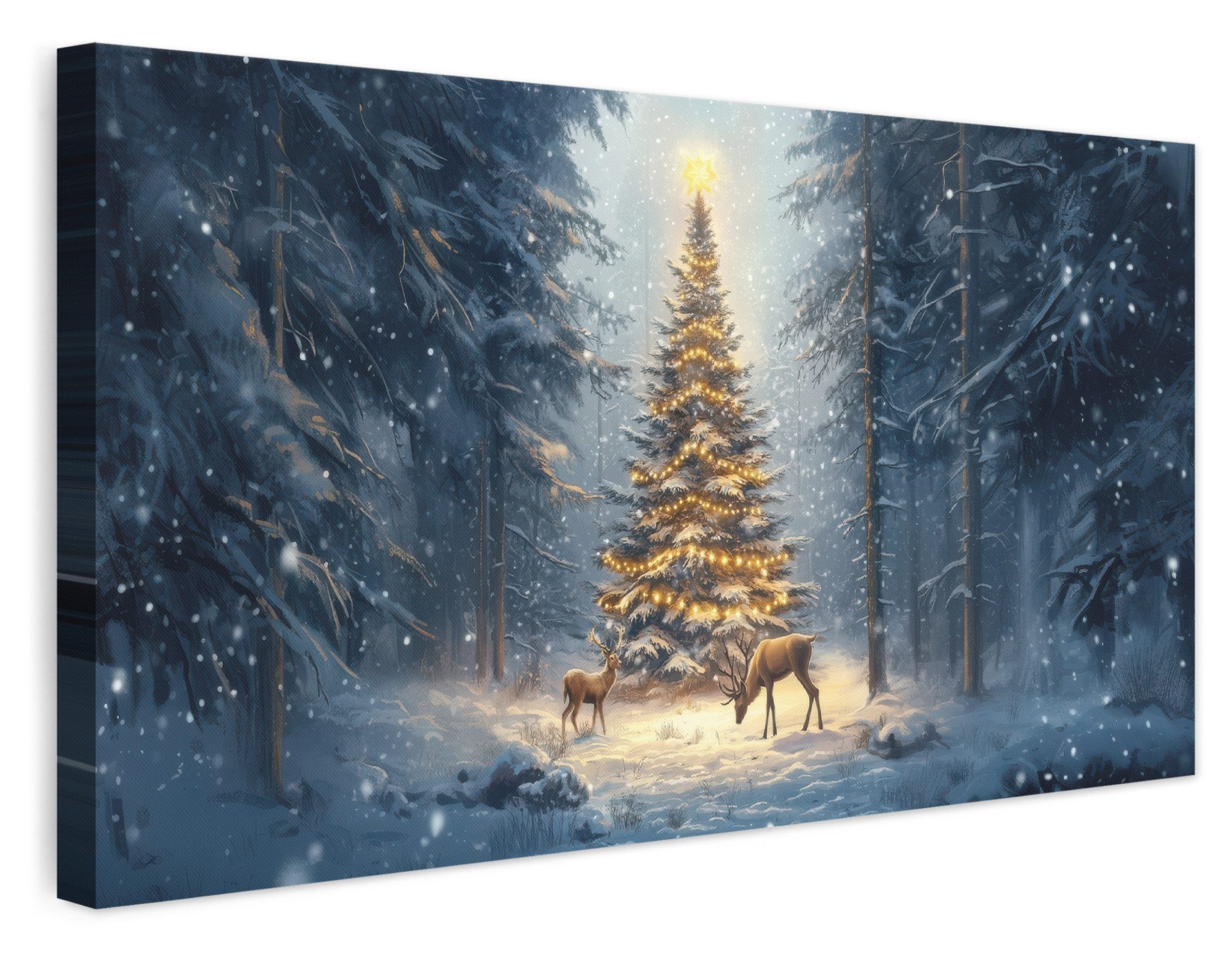 OneMillionCanvasses® Leinwandbild Panorama Weihnachtsbeleuchtung - Wald - Hirsche - Dunkelheit, Fotodruck (1 St), Wandbild, Deko Schlafzimmer Wohnzimmer Flur 40x20 cm