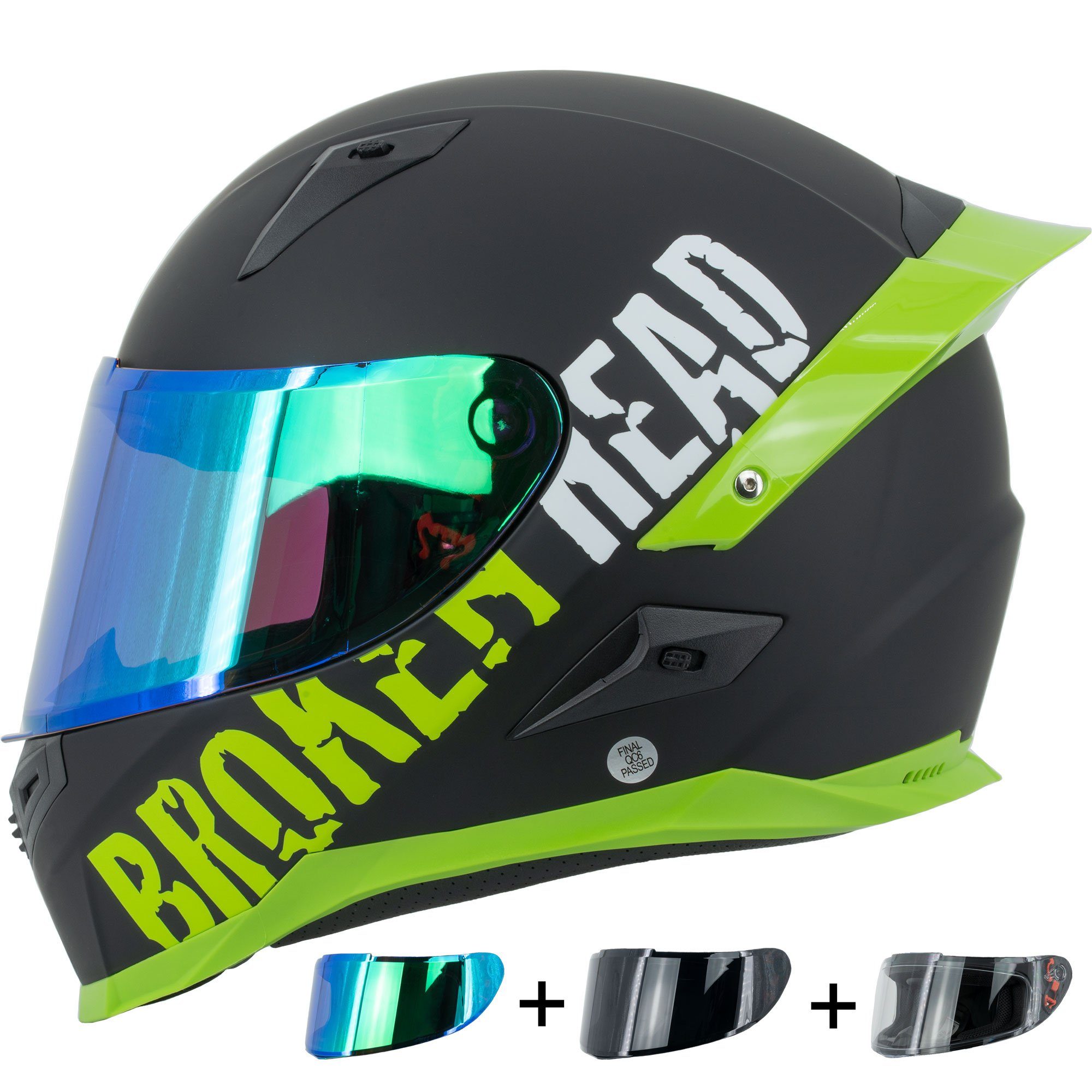 Broken Head Motorradhelm BeProud Pro Grün (LIMITED EDITION, mit schwarzem, grün verspiegeltem und klarem Visier), inklusive 3 Visieren