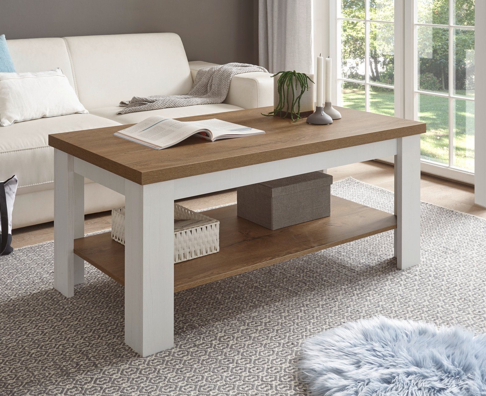 Furn.Design Couchtisch Seyne (Sofatisch in Pinie weiß und Eiche hell, 120 x 60 cm), moderner Landhausstil