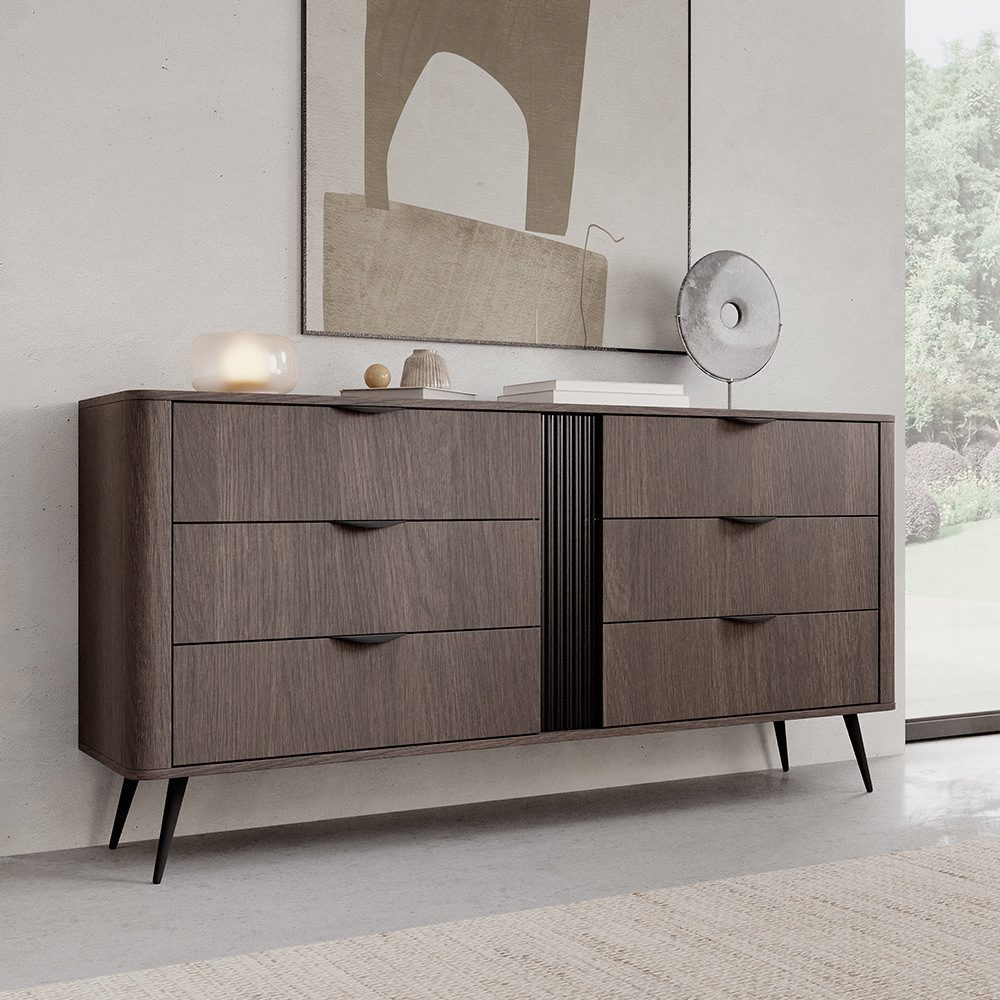 Lomadox Sideboard VOLTERRA-167, in Eiche, 163 cm breit mit 6 Schubladen und schwarzem Rillendesign