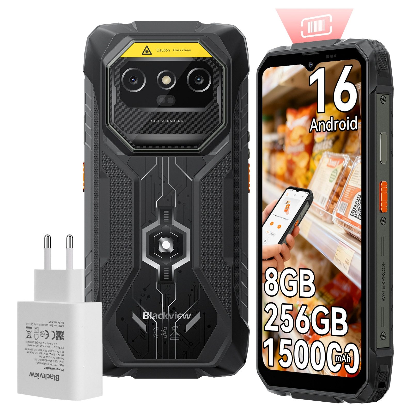 blackview ROCK 1 Pro 2D-Scan, Android 16, 15000mAh, Outdoor Smartphone mobiler Scanner, (GSM, WCDMA, LTE, Android 16, 6,56"+2.01", 256GB, 16MP+20MP Nachtsicht, 33W)
