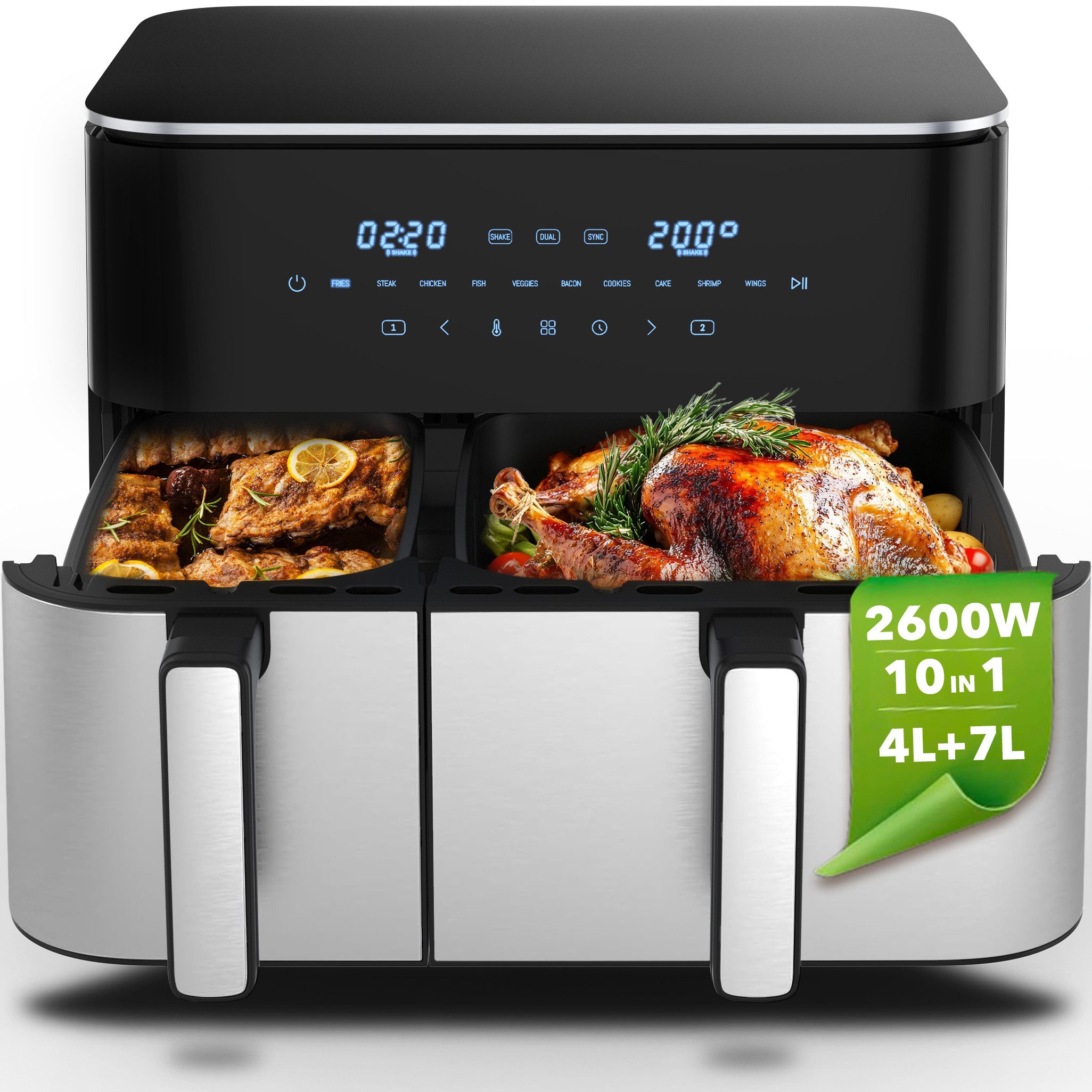 WELLENT Heißluftfritteuse 2 kammern,XXL Airfryer,10-in-1 LED-Touchscreen,energie-&zeitsparend, 2600 W, Antihaft-Metallkörbe, fettarmes gesundes Kochen für Familie&Party