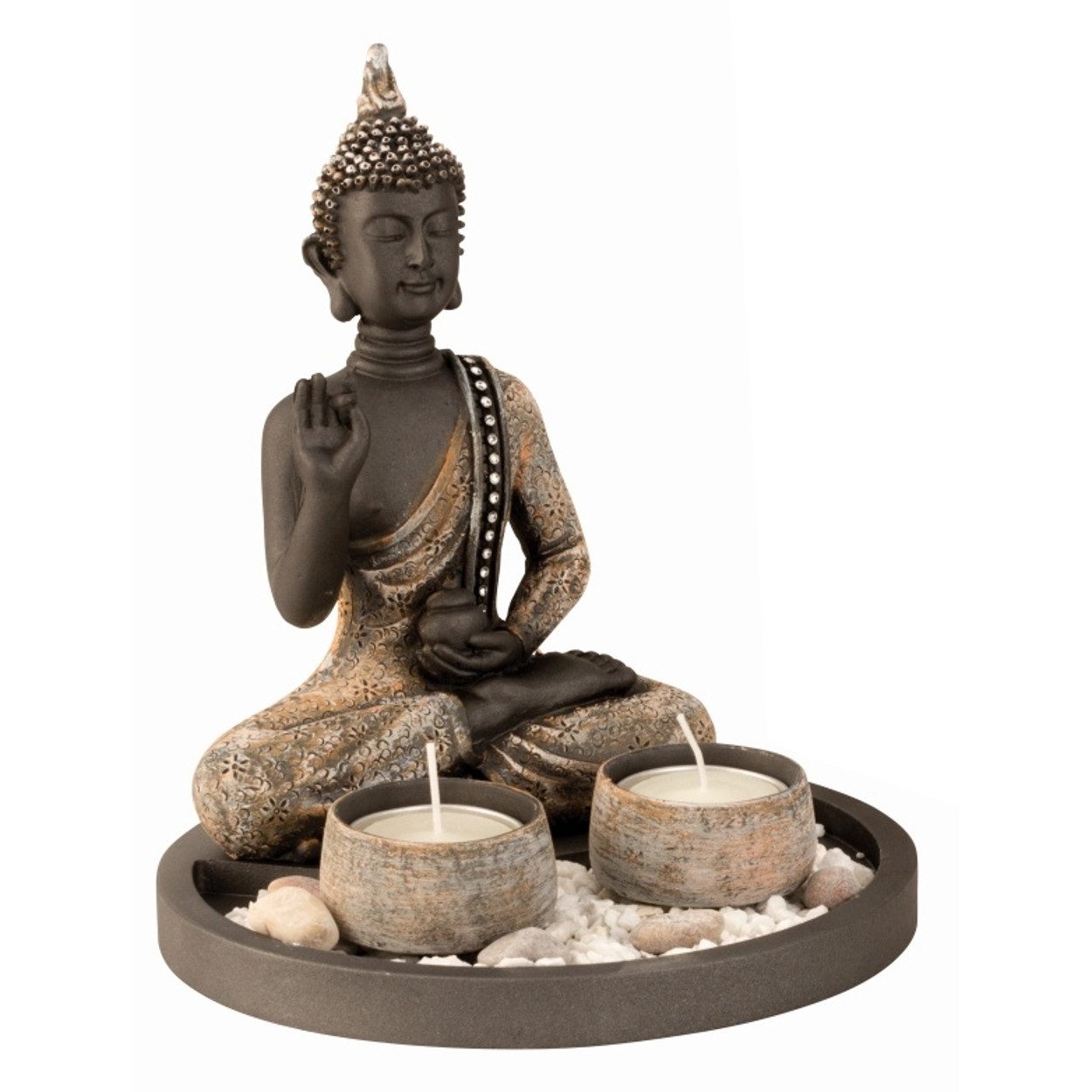 KARMA Buddhafigur Buddha Teelichthalter Schwarz Deko-Figur sitzend Windlicht Teelicht (verschiedene Varianten, Yoga Dekostatue Statue Windlicht), Zen Deko modern Dekobuddah