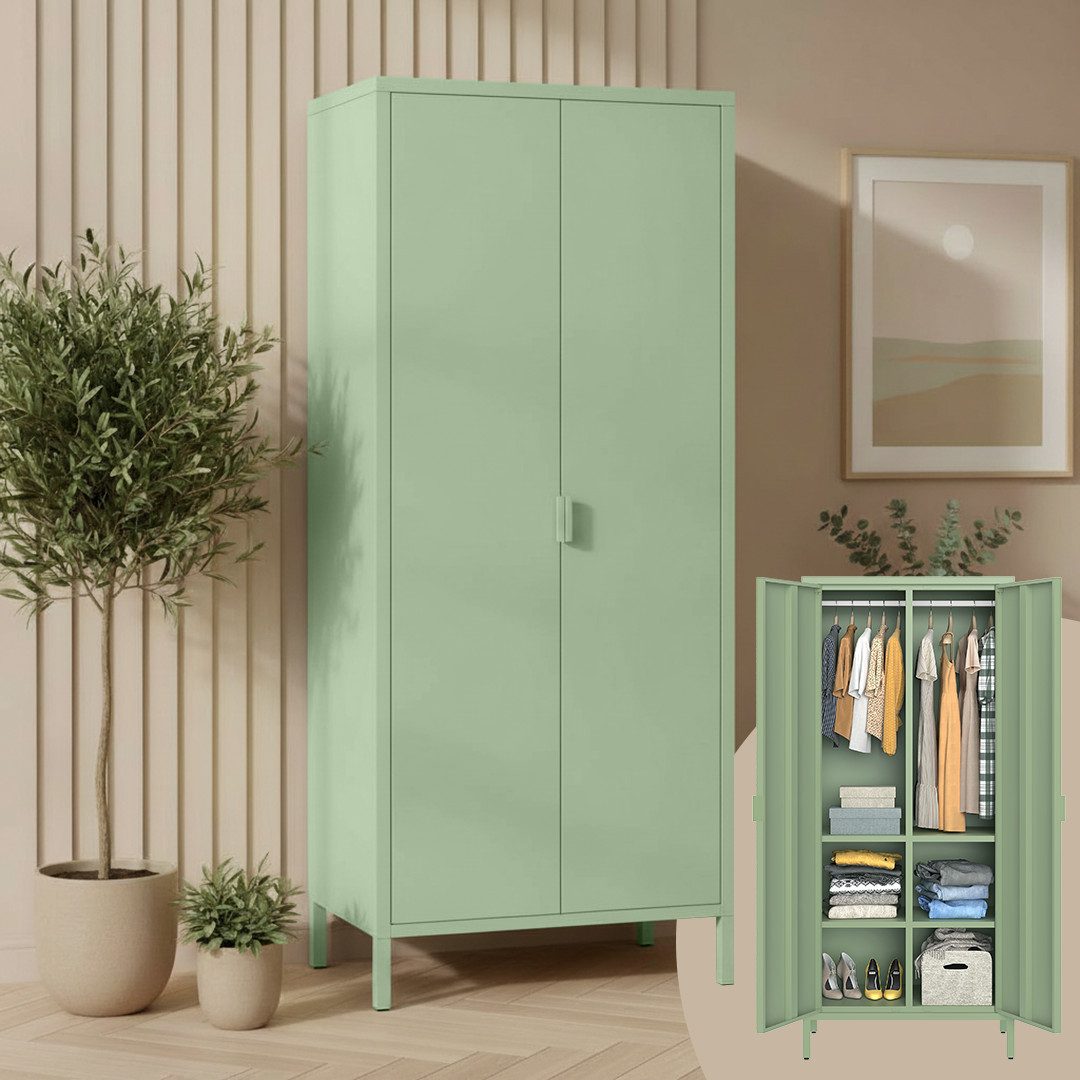 skølm Kleiderschrank Ituri aus Metall (Mintgrün) Metallschrank mit 6 Fächern & 2 Kleiderstangen, 170x80x45 cm