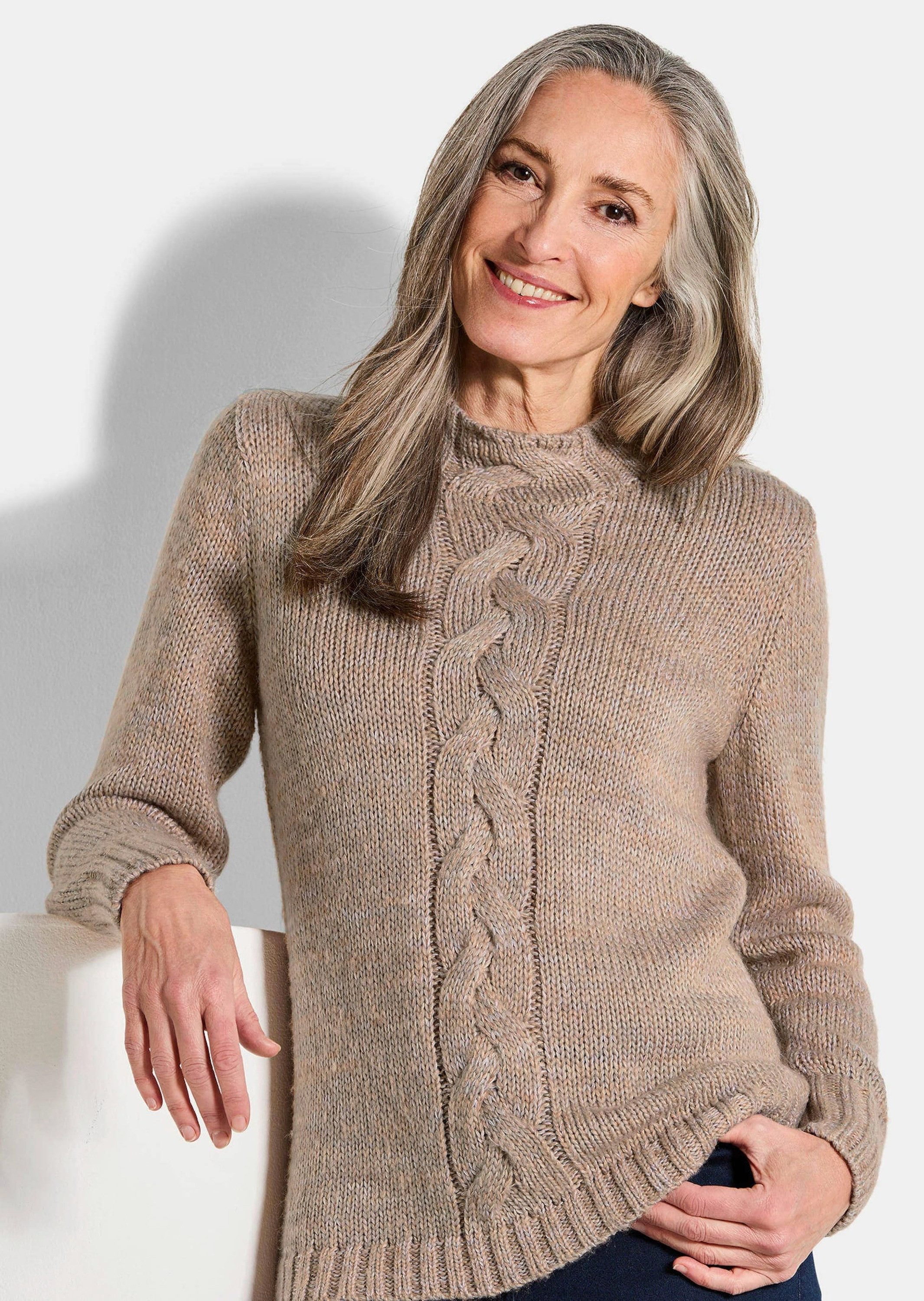 GOLDNER Strickpullover Hüftlanger Langarm Pullover, Zopfstrick Melange Feinstrick-Pullover mit Stehkragen und Rippenstruktur