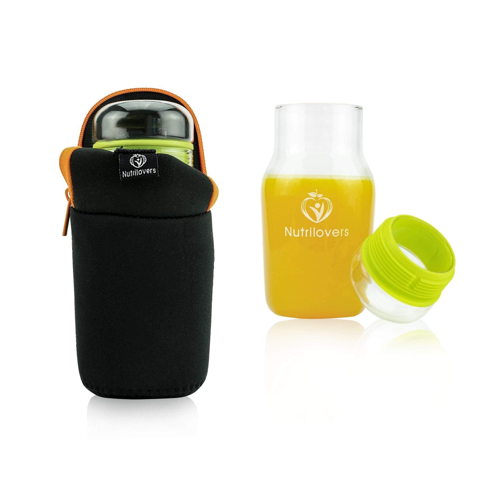 Nutrilovers Trinkflasche Glas Trinkflasche - Robust & Sicher - Für Sport & Büro, Borosilikatglas-Trinkflasche mit schützendem Sleeve