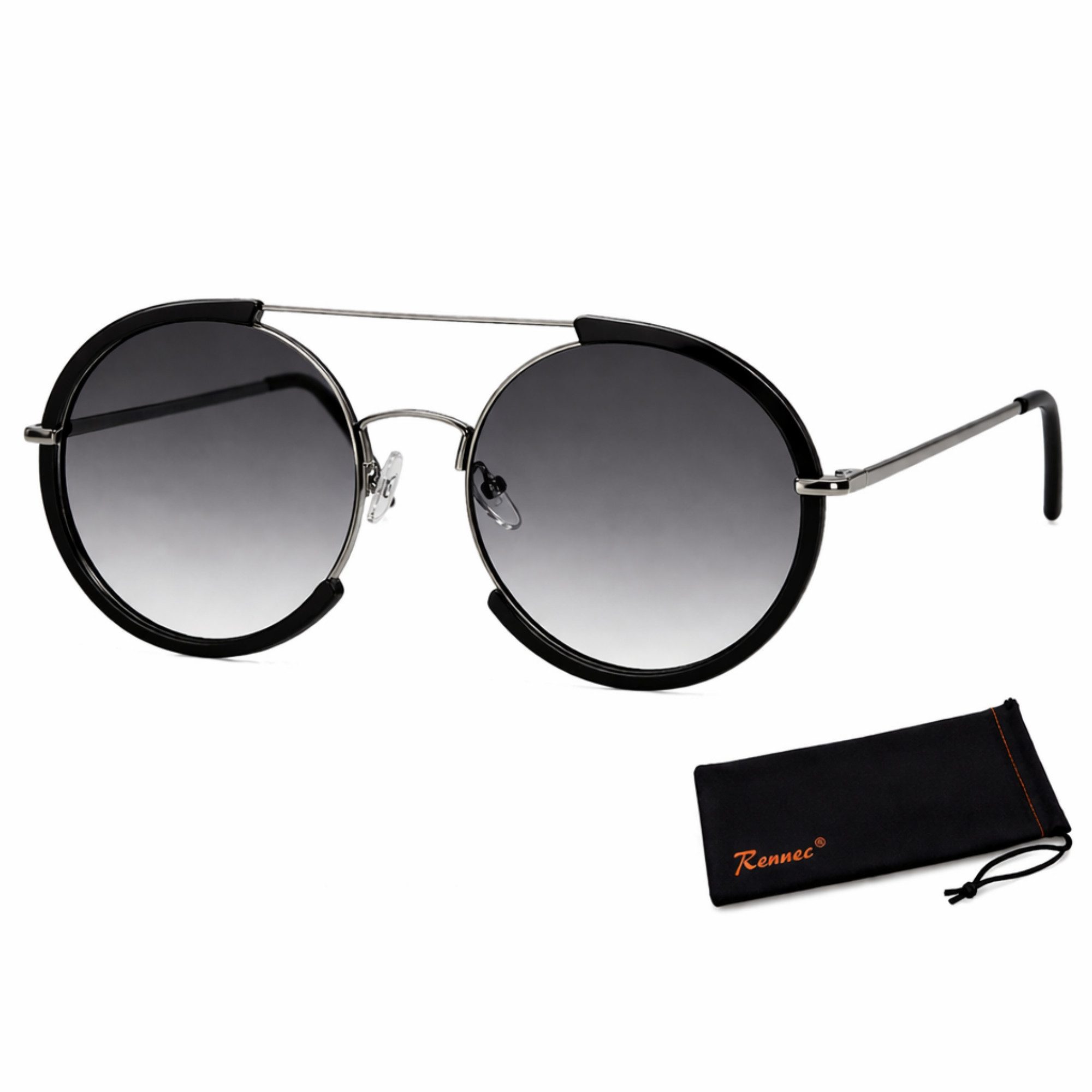 Rennec Sonnenbrille (Runde Damen Sonnenbrille Groß Nickelbrille aus Edelstahl, Metallbrille Rund XL mit Brillenbeutel) Oversize Gläser UV400 Schwarz Verlaufsgetönt