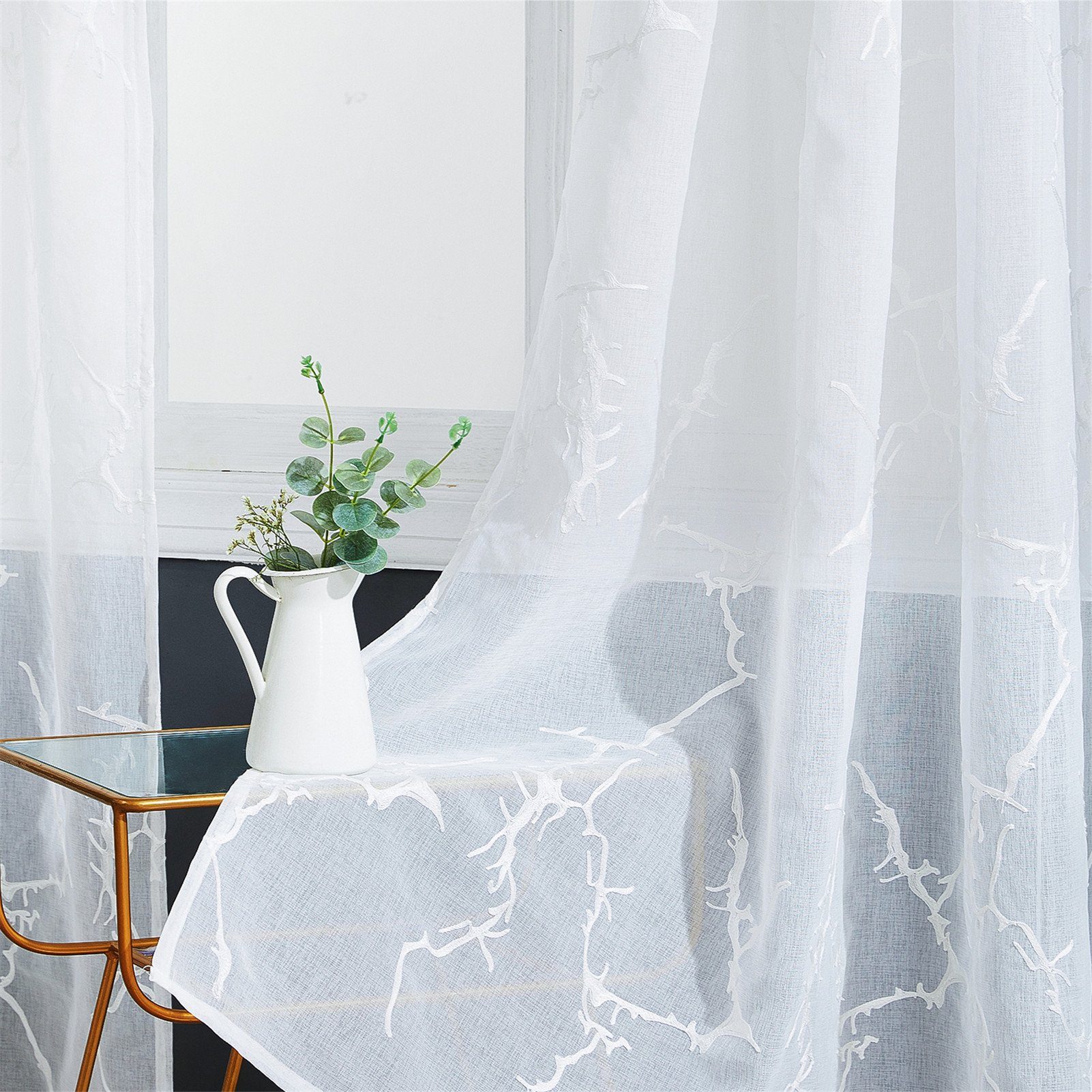 St), halbtransparent, Weiß Gardine, HOMEIDEAS, Baumzweigen Vorhänge Ösen Voile Bedruckt (2