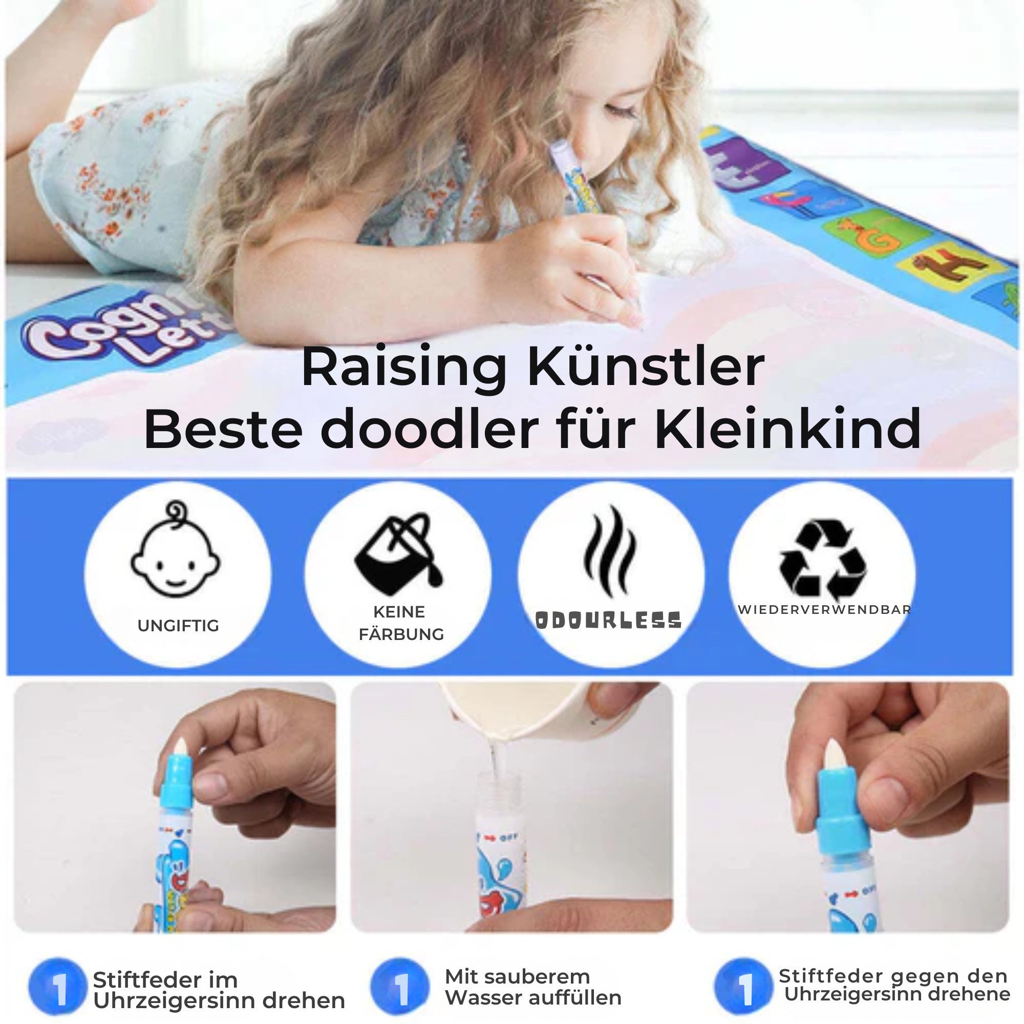 Vivitar Kreativset Aqua Water Doodle Matte, Montessori Spielzeug 80x100cm XL, (Inklusive 4 nachfüllbarer Magic Pens, Kindgerecht und sicher, Fördert Kreativität, motorische Fähigkeiten, tragbare), Kreative, große Wassermalmatte mit Wasserstift, Lernspielzeug