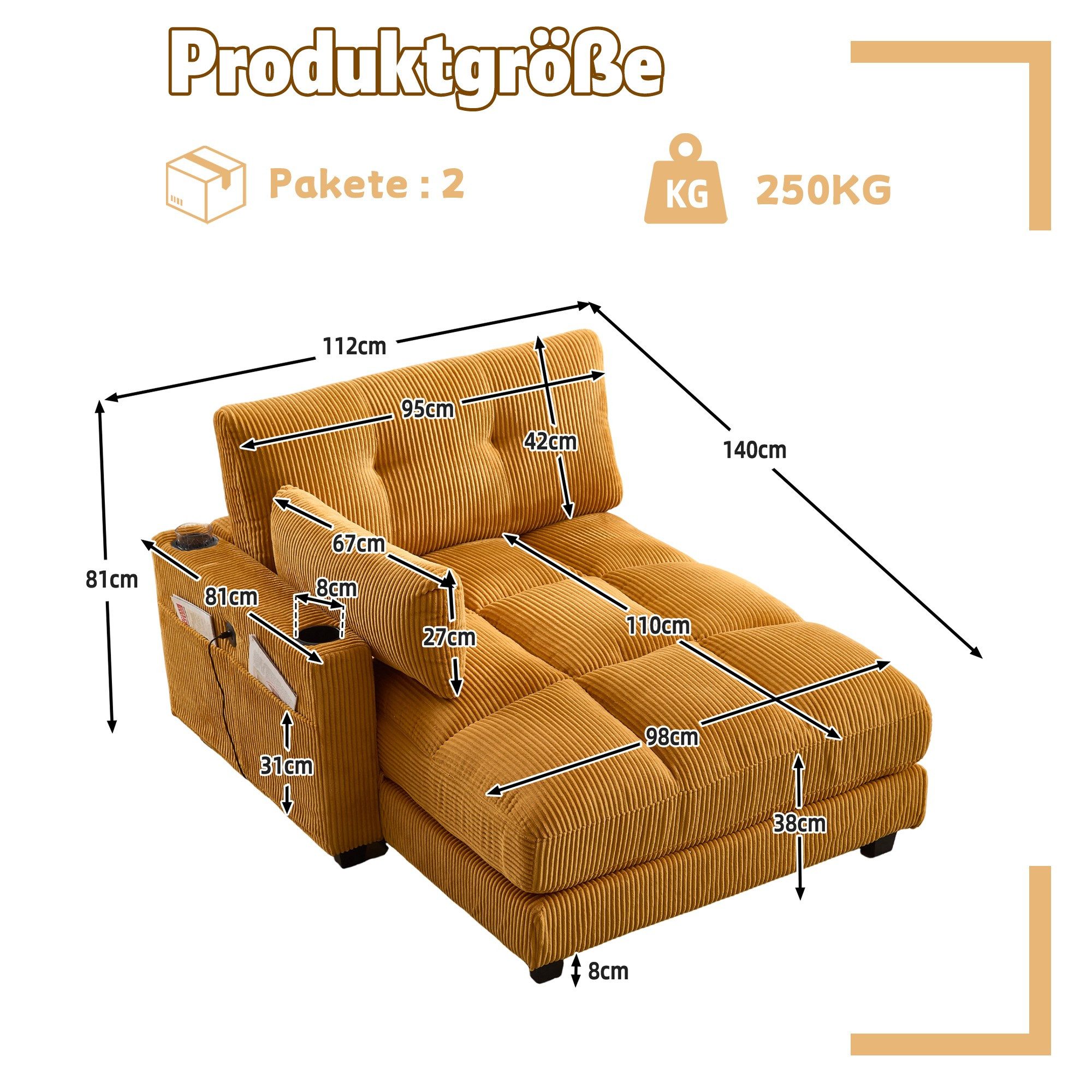 LVHOM Polsterliege Ottomane/Loungesofa/Polsterbett/Daybett/Gästebetten/Schlafsofa (USB/Typ C-Ladeanschlüssen, Seitentaschen, Getränkehalter, modularer Flexibilität Palmen Sessel, links & rechts tauschbare Armlehnen, Schlaffunktion, Platzsparend, 1-St., Multifunktional für Kleinwohnung, Homeoffice und Gästeübernachtung), Perfekt für Wohnzimmer, Schlafzimmer, Jugendzimmer, Gästezimmer