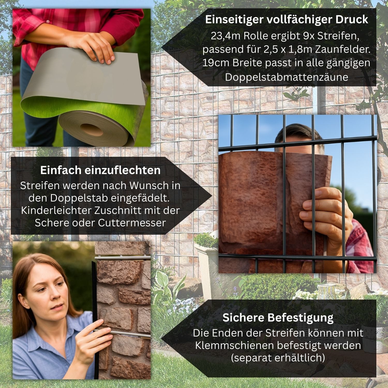 zaunzu Sichtschutzstreifen Holz & Lorbeer - Bedruckter Sichtschutz 2,5m x 1,8m, (1 Rolle, Motivdruck Sichtschutzstreifen), Fotodruck für Doppelstabgitter