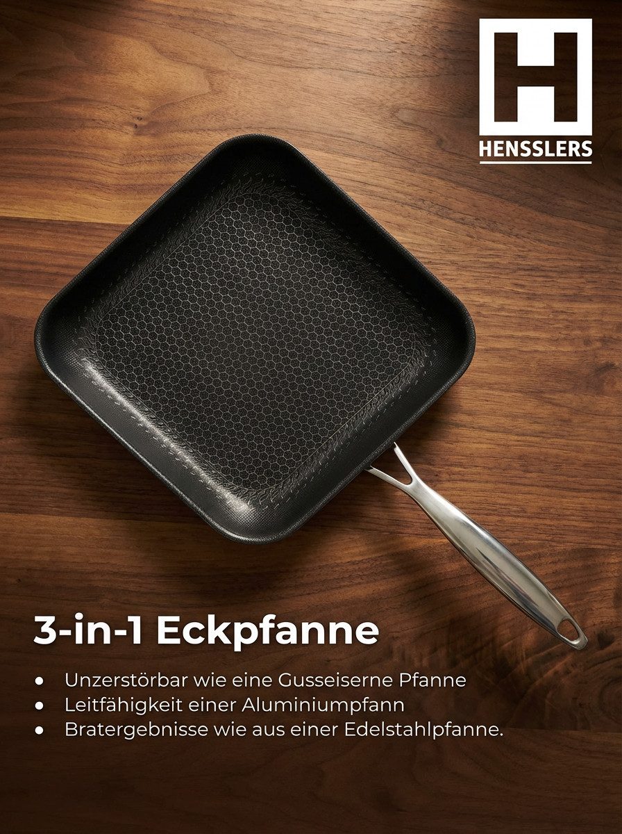 HENSSLERS Bratpfanne Premium, aus Edelstahl, Eckpfanne mit Wabenstruktur, 28 cm, Edelstahl 18/10 (1-tlg)