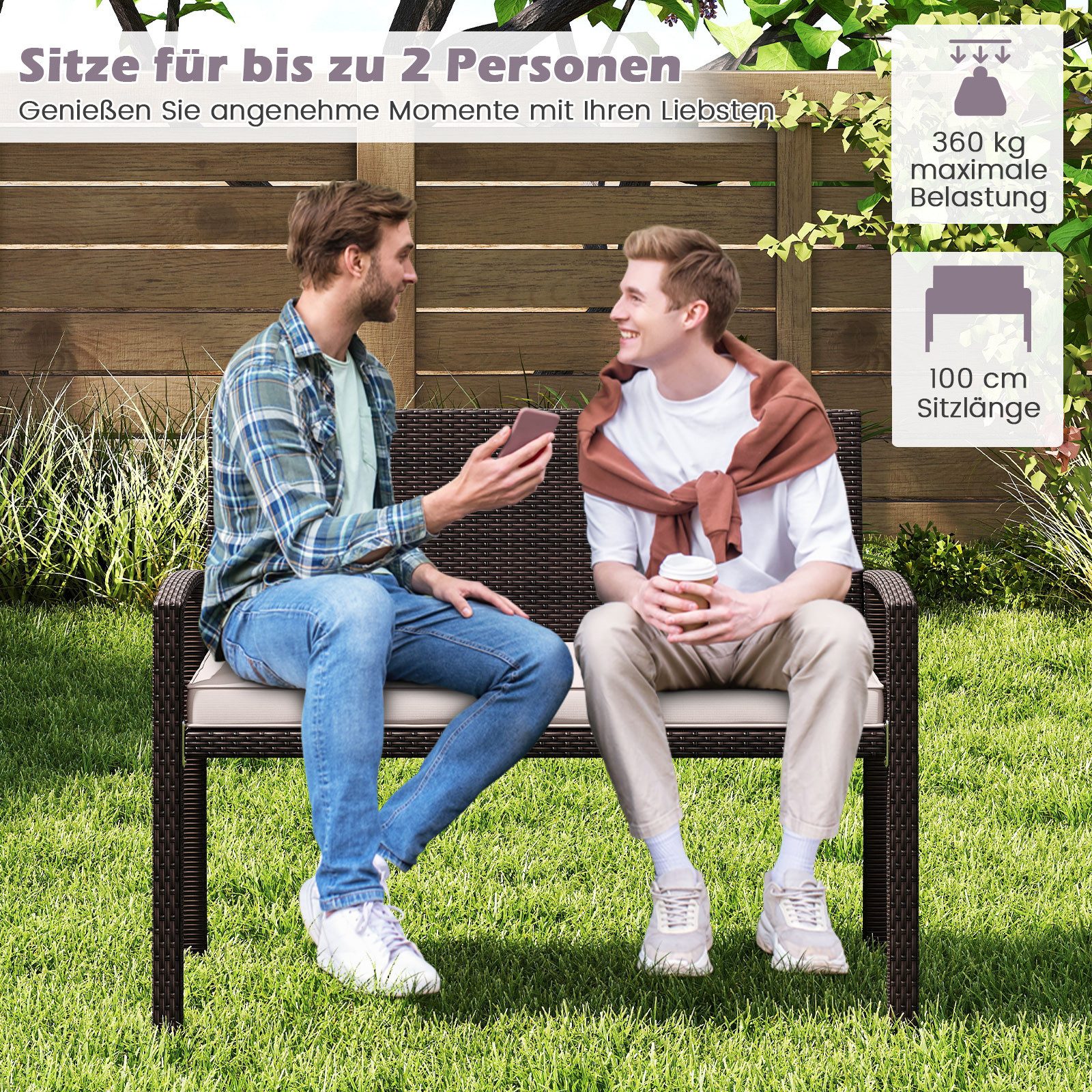 COSTWAY Gartenbank, Rattan 2-Sitzer, Rattanbank mit Kissen & Lehne, 360kg