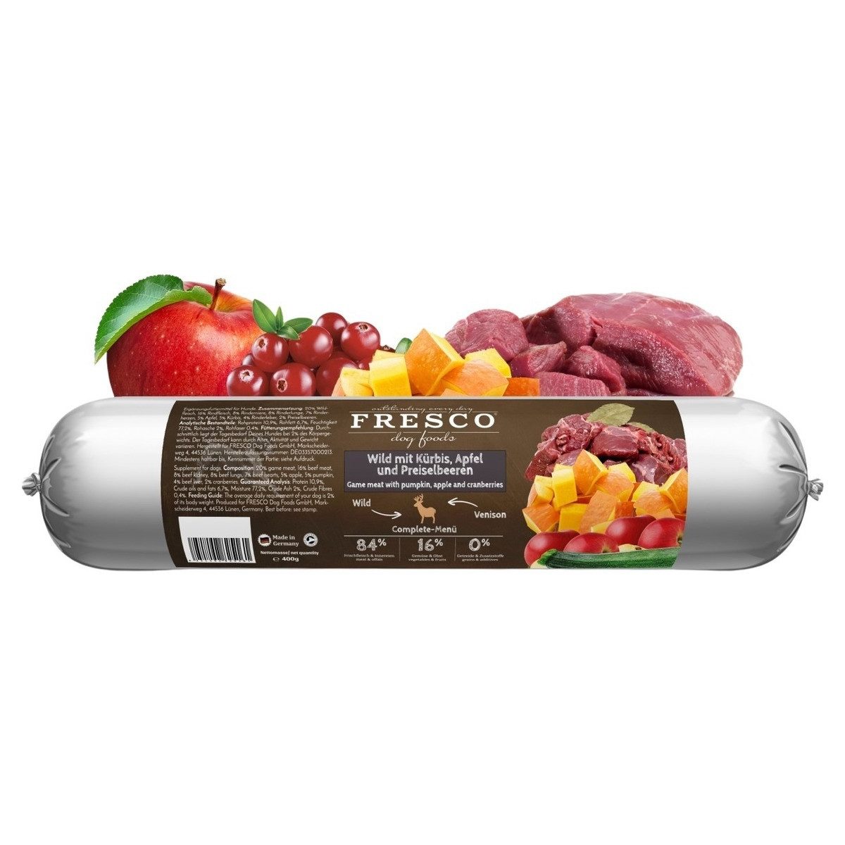 Fresco BarfWurst Wild mit Kürbis, Apfel und Preiselbeeren 400 g, für: Hund