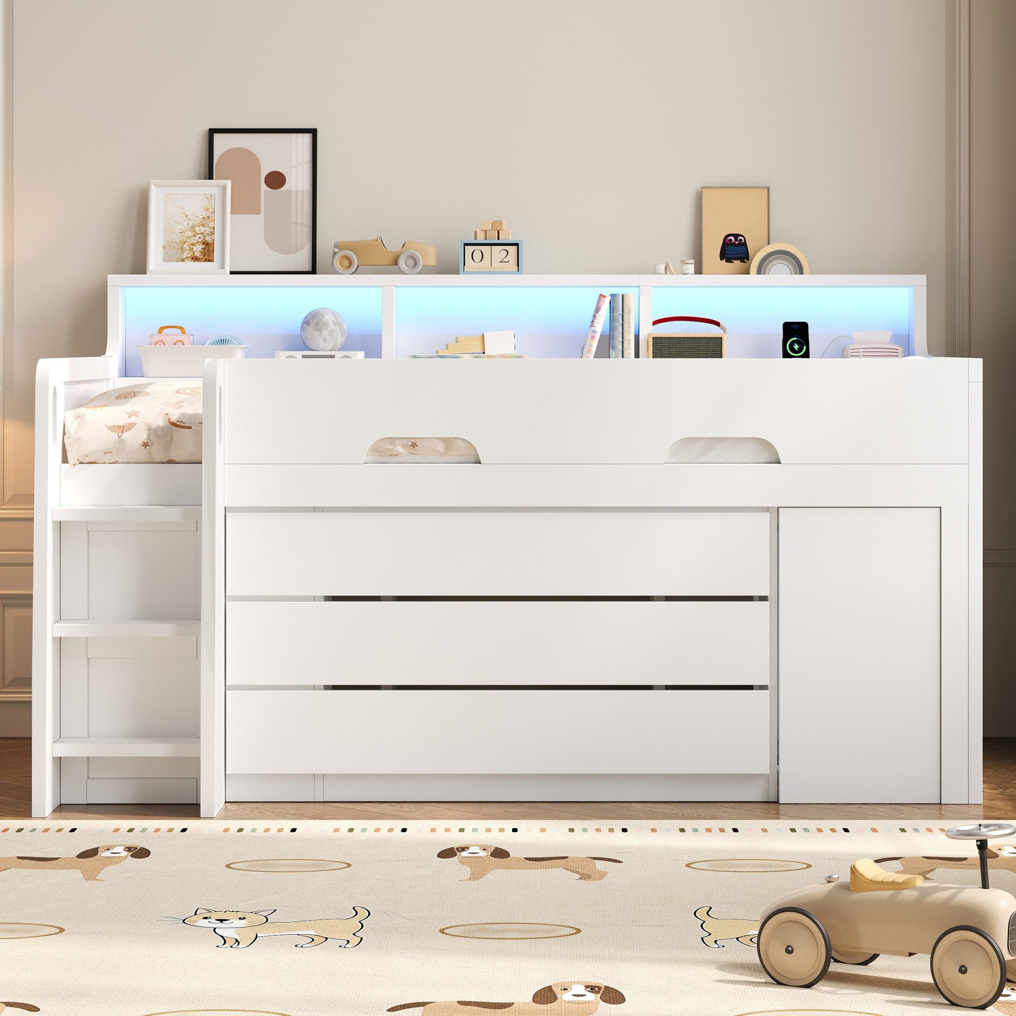 Flieks Kinderbett Niedriges Hochbett 90x200cm, mit drei Schubladen, beweglichem Schreibtisch, LED-Leiste & Aufladen