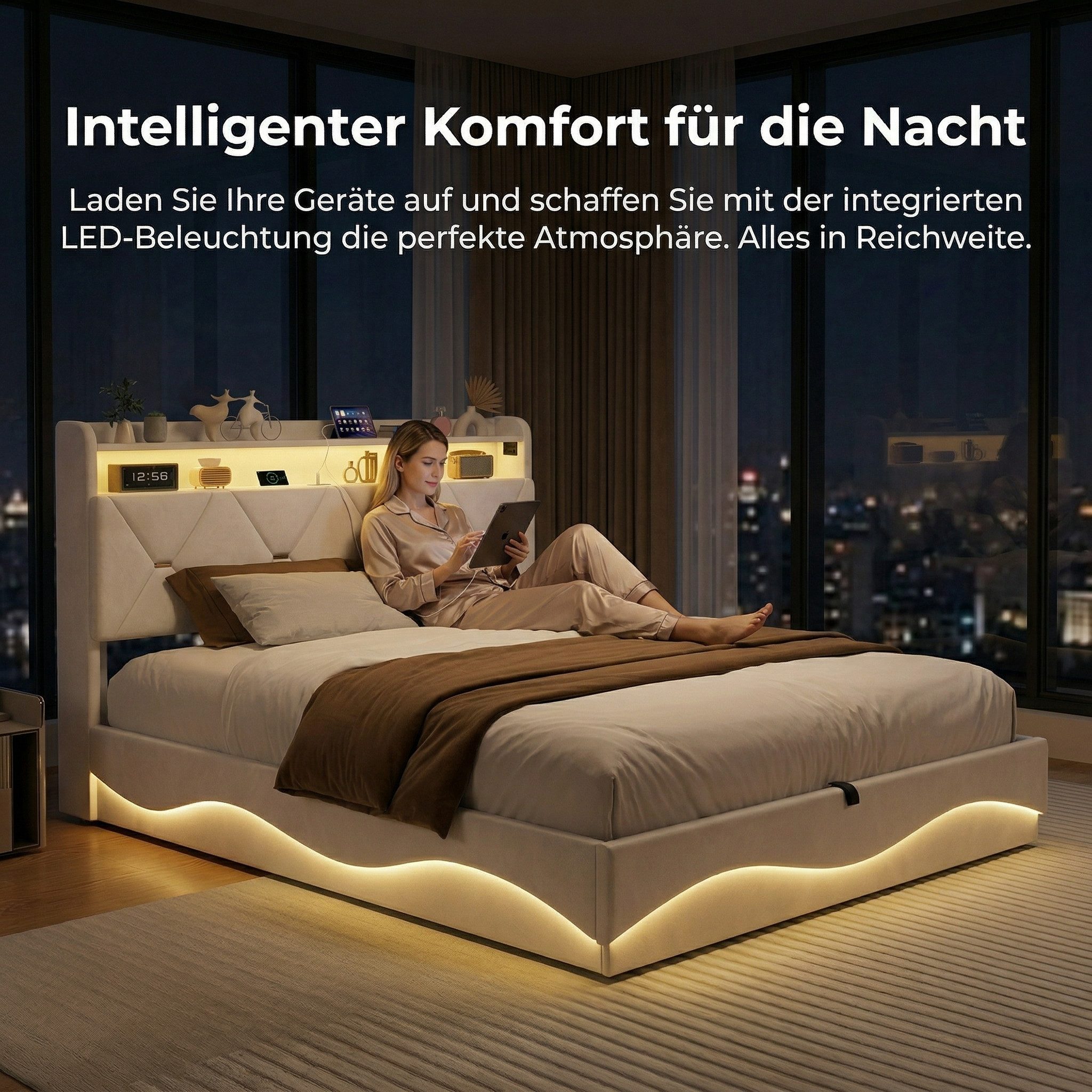 PXloue Polsterbett LED Doppelbett, Bettkasten, Ladefunktion, Samt, 140x200 cm