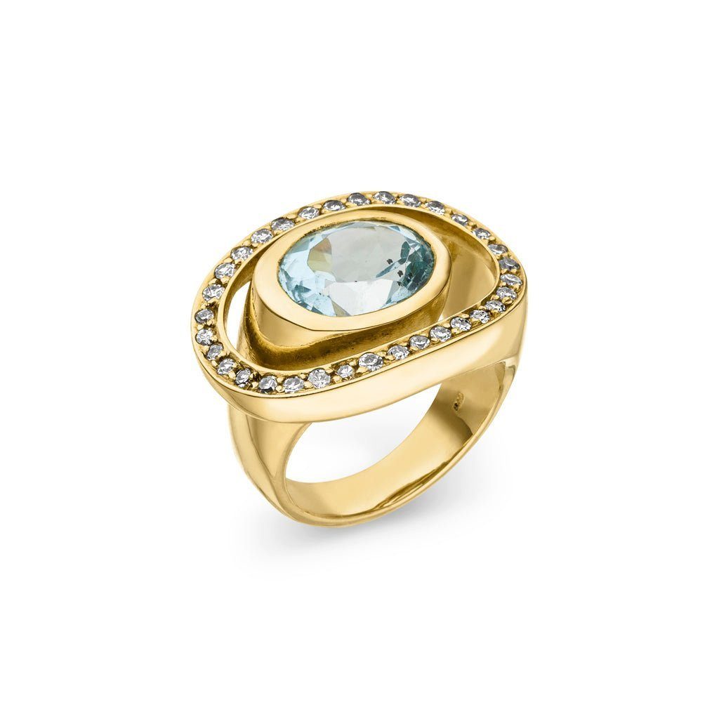 SKIELKA DESIGNSCHMUCK Goldring Aquamarin Ring "Teich" mit Diamanten (Gelbgold 585), hochwertige Goldschmiedearbeit aus Deutschland