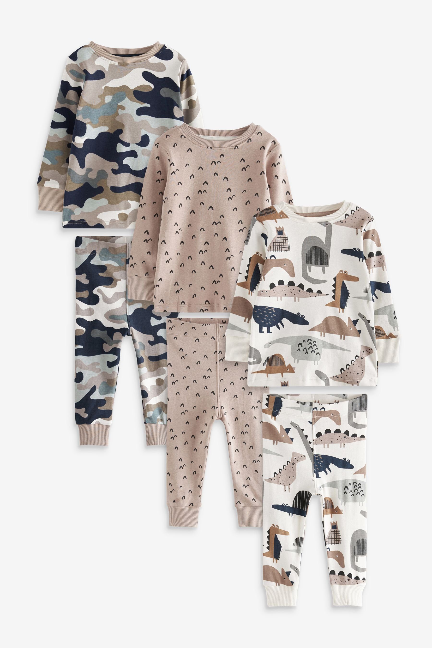 Next Pyjama Kuschelpyjamas, 3er-Pack (6 tlg) Tan Brown Camouflage Dino | Pyjamas