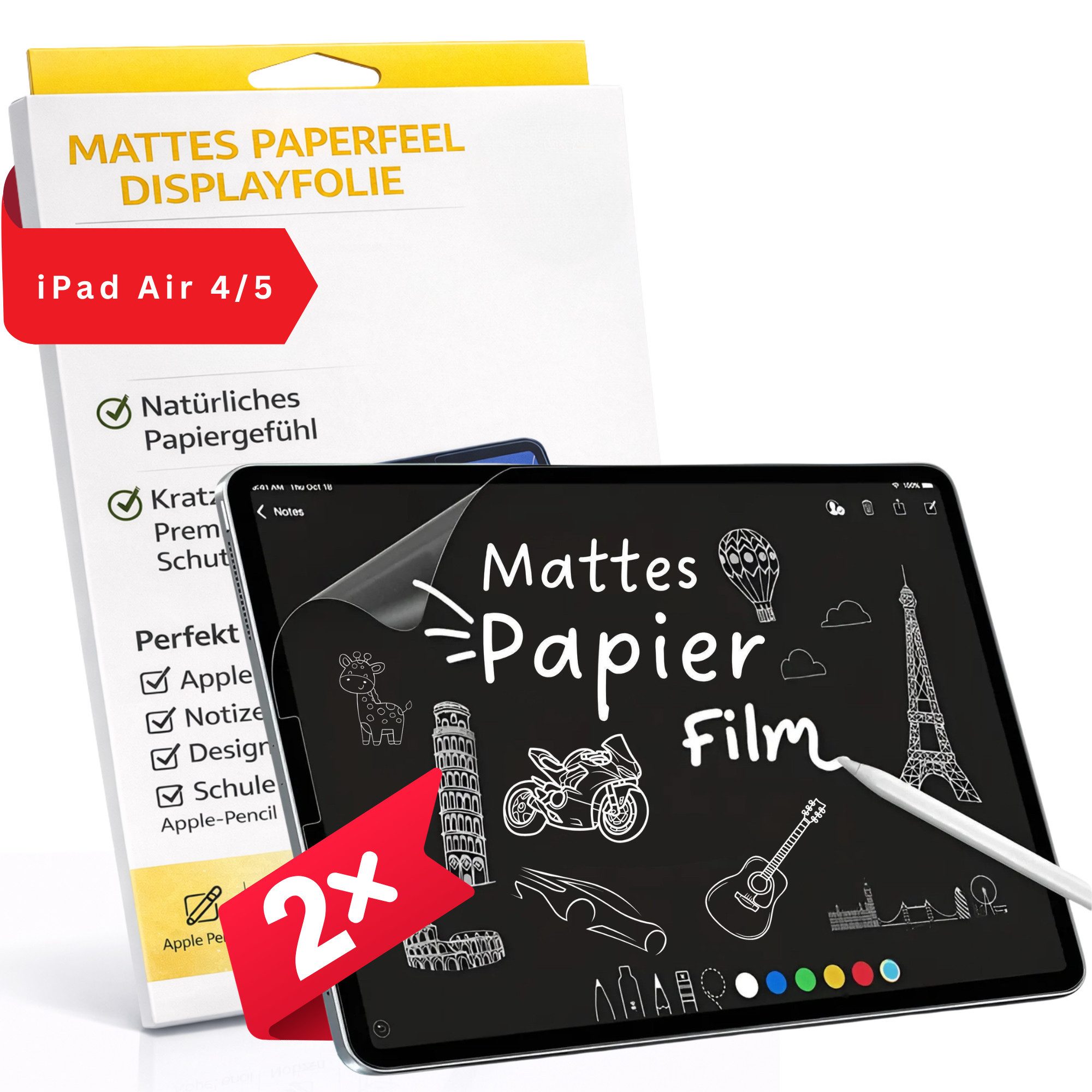 S&T Design Displayschutzfolie 2x Schutzfolie Matt für iPad Paper Like Papier-Schutzfolien für iPad Air 4/5, Für iPad, Air, Pro, 2 Stück, Paper-Feel Blendfrei Kratzfest Screen Protector Fingerabdruck Zeichnen