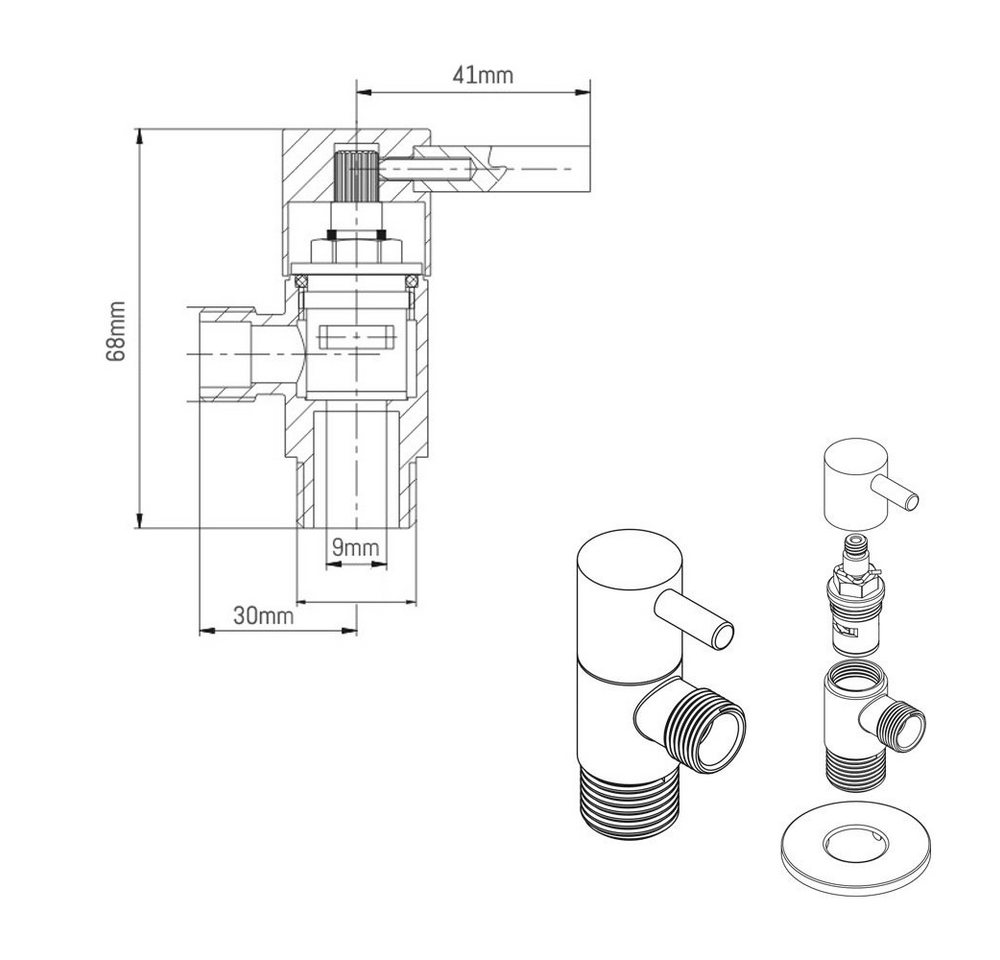 Thumbnail - Aloni Regulierventil 13003-12, (1-tlg), Eckventil Messing Kugelhahn 1/2"x1/2" mit Rosette Chrom