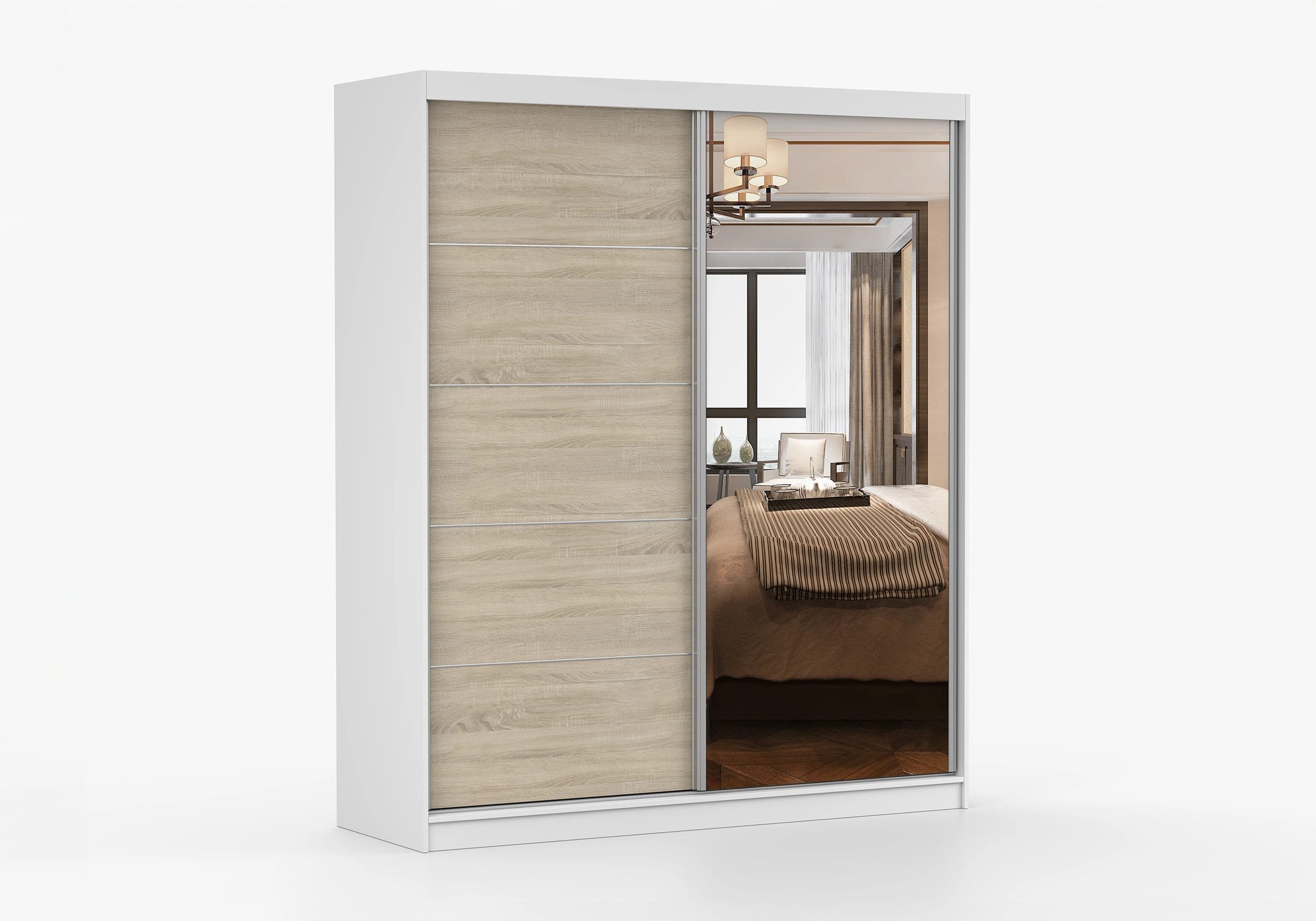 imoebel24 Schwebetürenschrank BELLA 03 183 cm - Mattweiss / Sonoma