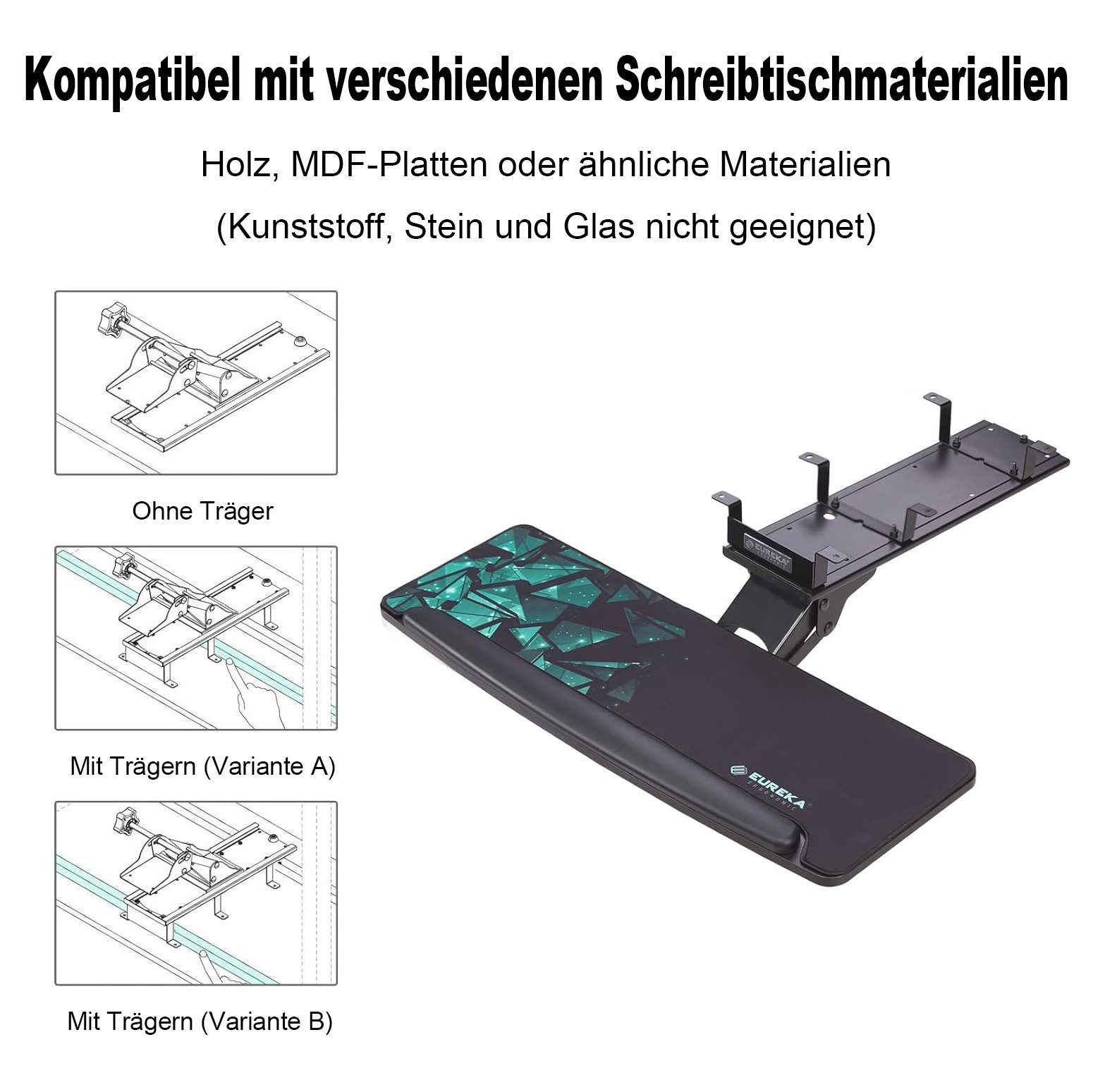 EE EUREKA ERGONOMIC Tastaturhalterung Verstellbar Schwenkbar Tastaturschublade für Gaming Büro Schreibtisch, (1-tlg., mit ergonomische Handballenauflage und ein – Bild 2 von 5