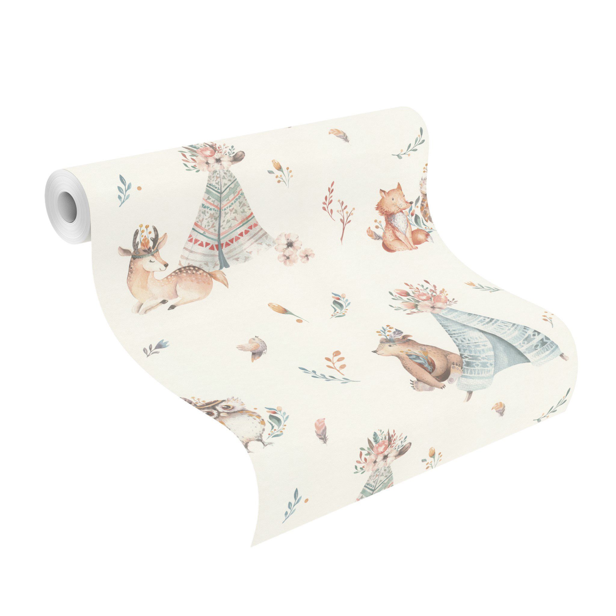 Rasch Vliestapete 301410 - Kinderzimmer-Tapete mit Waldtieren in Aquarelloptik, strukturiert, gemustert, (1 Rolle, 1 St), Zelte, Tipis, Blumen