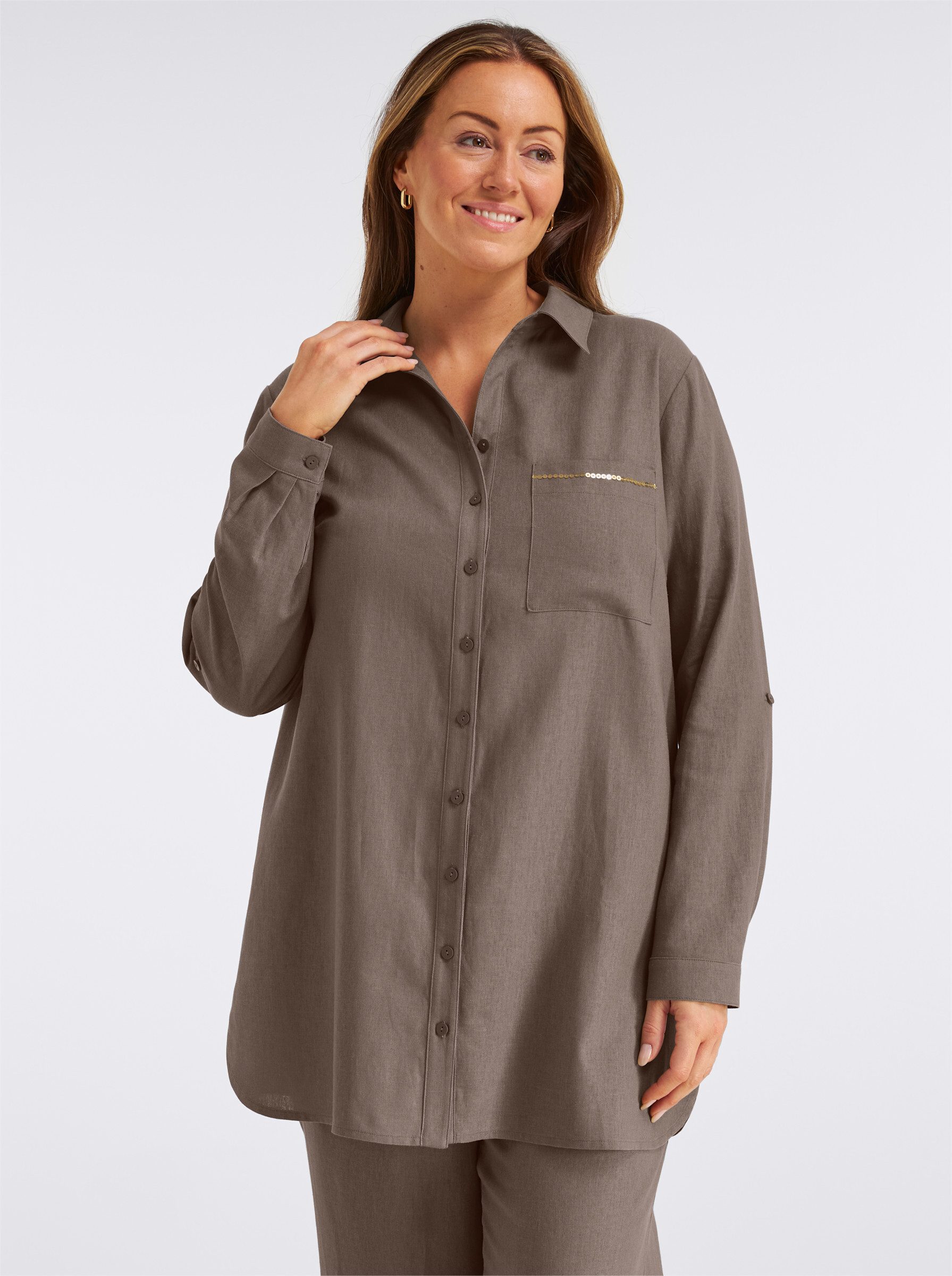 Sheego Klassische Bluse Leinenbluse Langarm