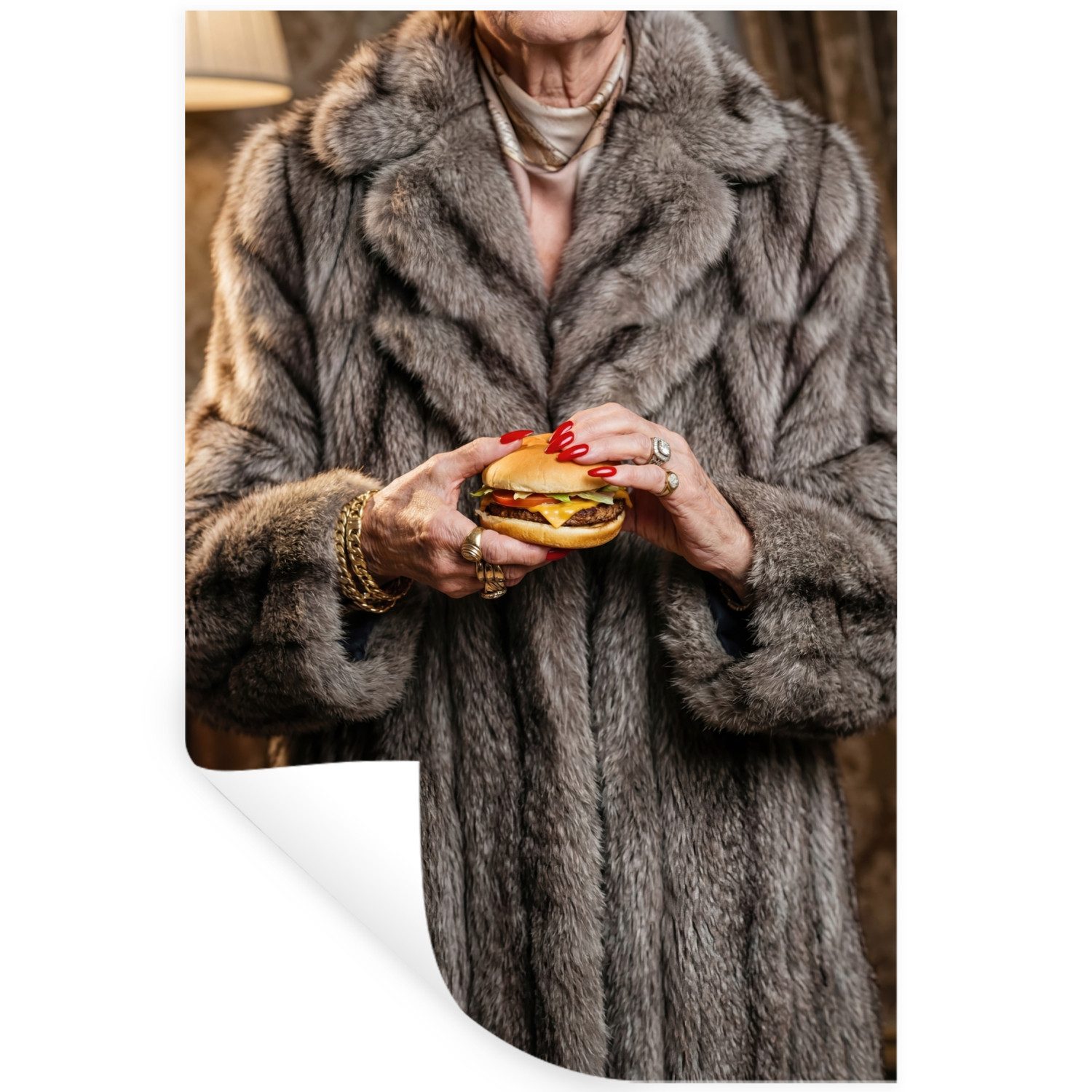MuchoWow Wandsticker Frau - Hamburger - Pelzmantel (1 St), Wanddeko, Aufkleber, Wandtattoo, 80x120 cm