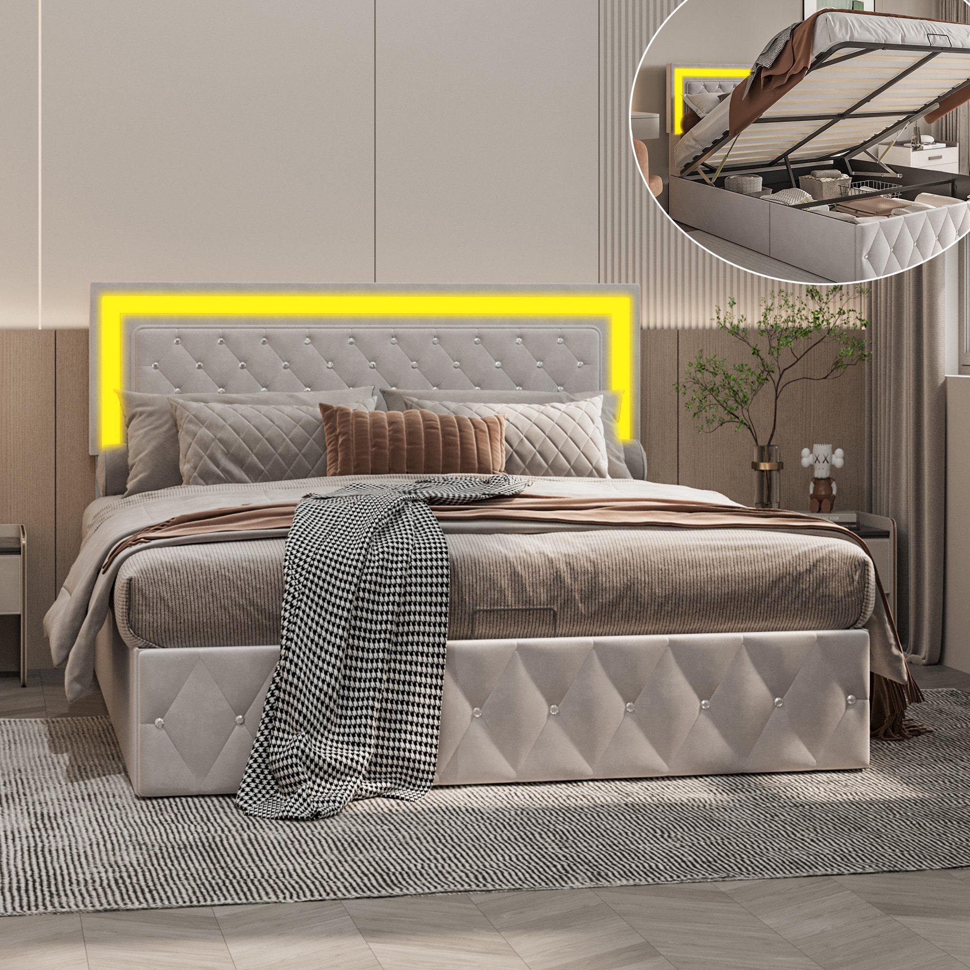 Furnishings Home Polsterbett Doppelbett LED Stauraumbett günstig online kaufen