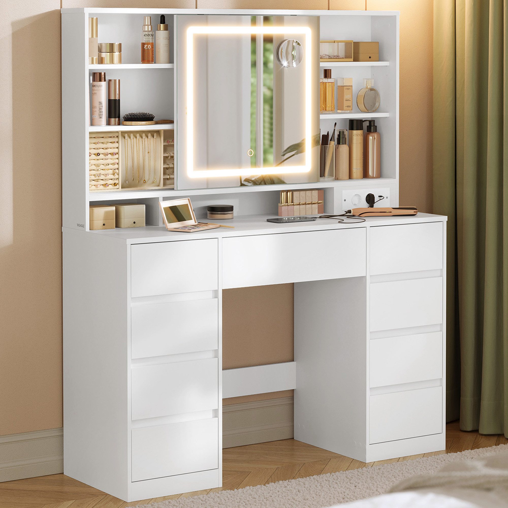 VASAGLE Schminktisch mit Spiegel und LED-Leuchten, Steckdosenleiste, 9 Schu günstig online kaufen