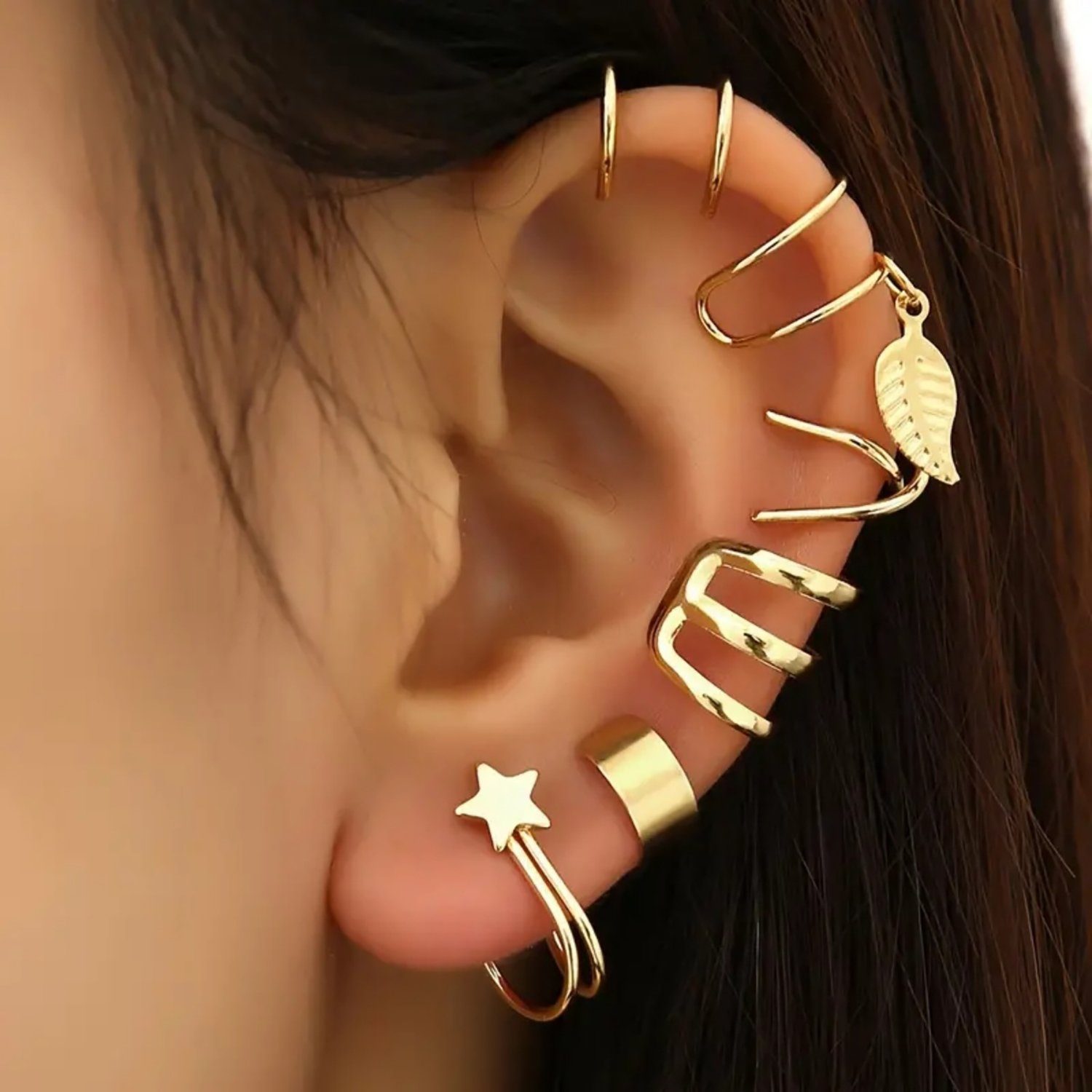Daisred Paar Ohrclips Ohrclip-Set Ear Set Cuff Geschenkebox mit Nicht Stil2-6tlg-Gold Piercing