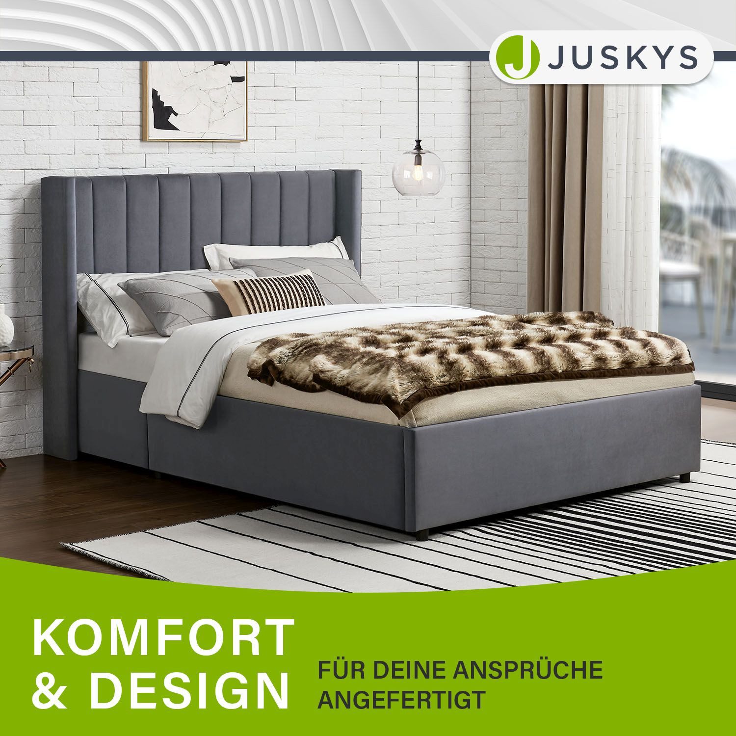 Juskys Polsterbett Savona, großer Stauraum, mit Gasdruckfeder, weicher Samt-Bezug