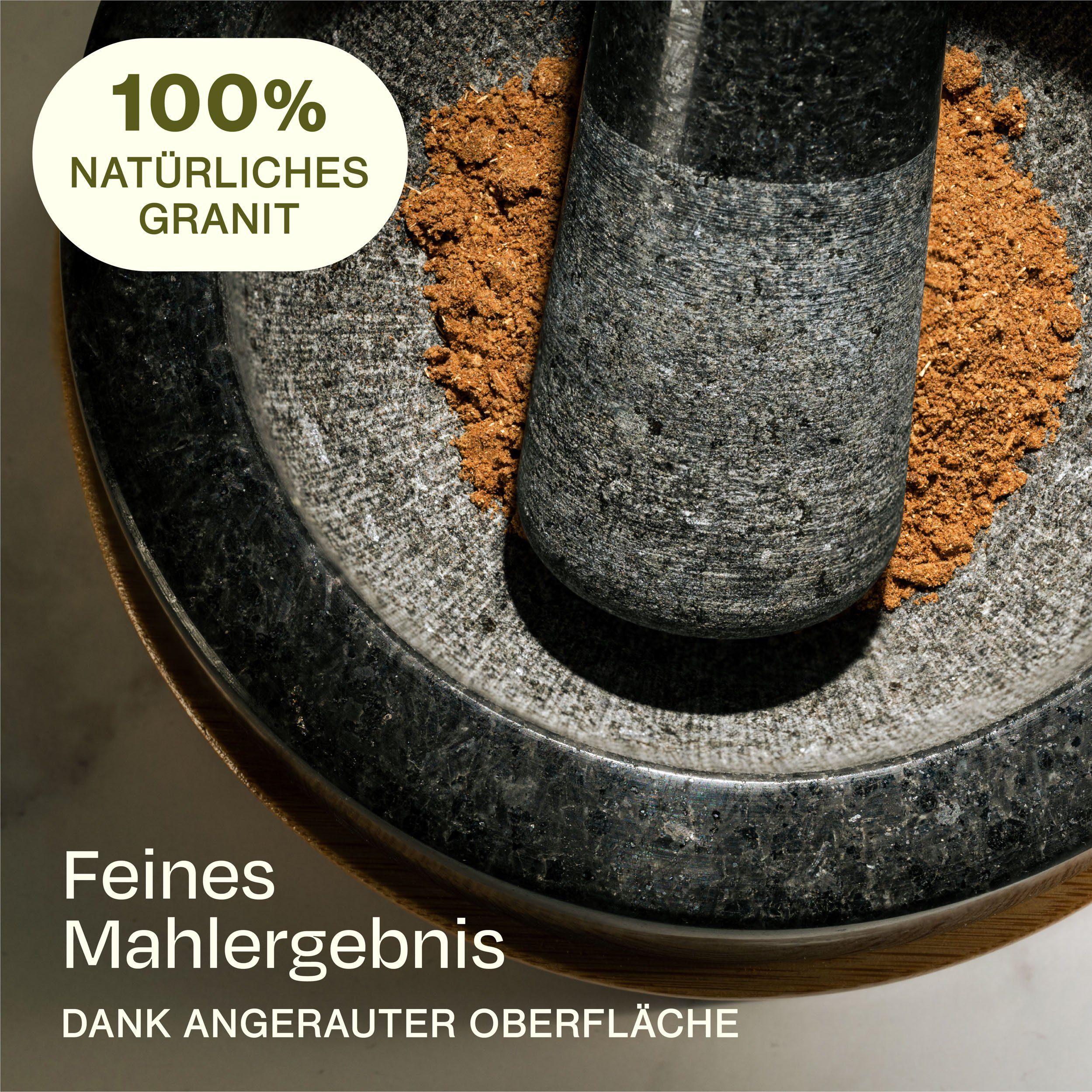 Praknu Mörser Granit Mörser mit Stößel klein - Für ein besonders feines Mahlergebnis, Für ein feines Mahlergebnis - Untersetzer aus nachhaltigem FSC Holz – Bild 5 von 5