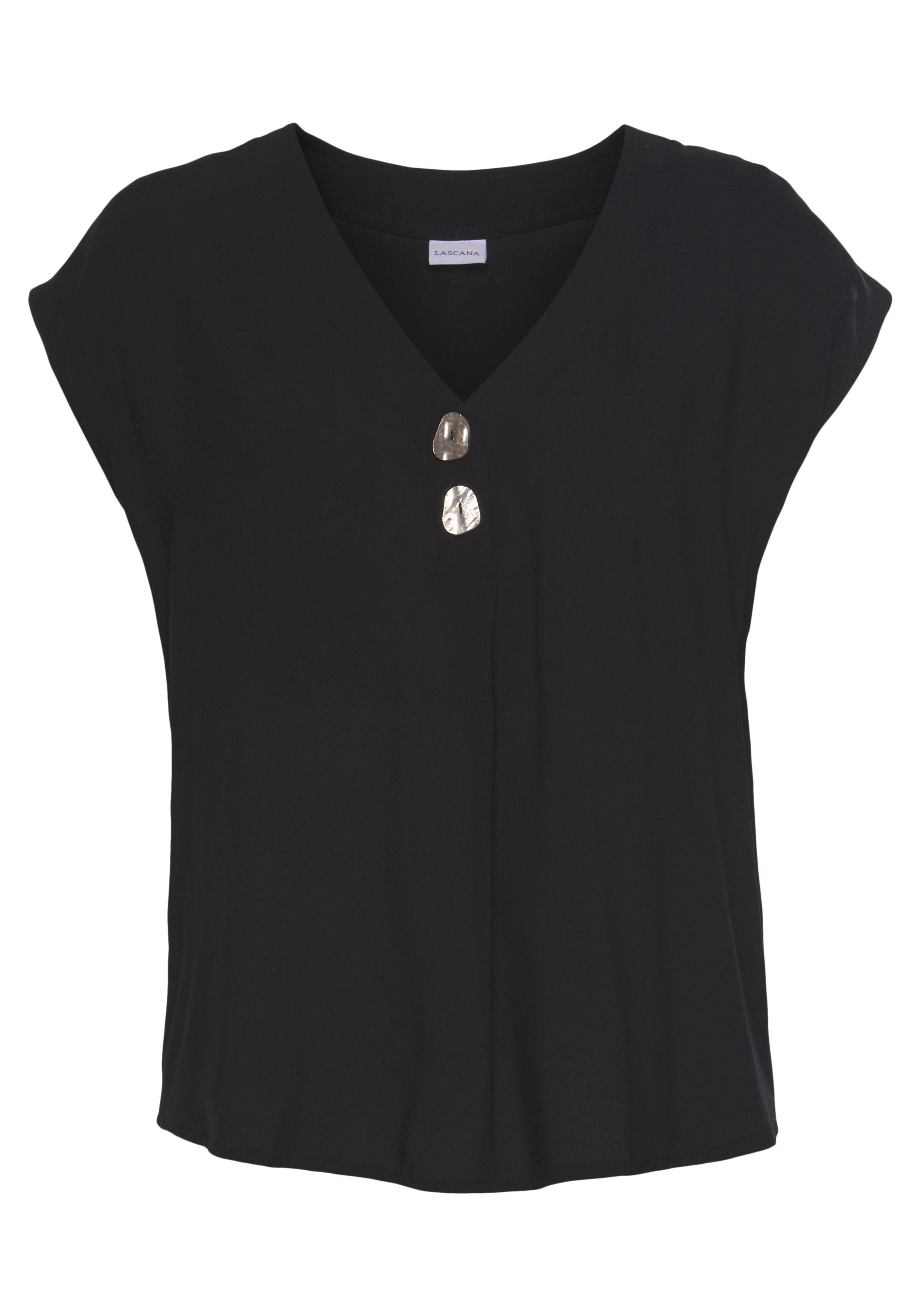 LASCANA Schlupfbluse mit tiefem V-Ausschnitt und modischen Knöpfen luftige Kurzarmbluse, lässiges Blusenshirt, Basic – Bild 2 von 5