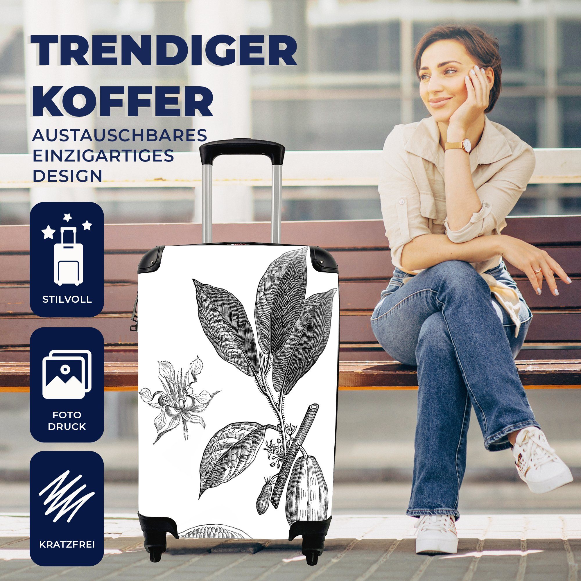 MuchoWow Handgepäckkoffer 4 Kakaopflanze, mit Reisetasche Trolley, einer für Schwarz-Weiß-Abbildung rollen, Handgepäck Ferien, Eine Reisekoffer Rollen