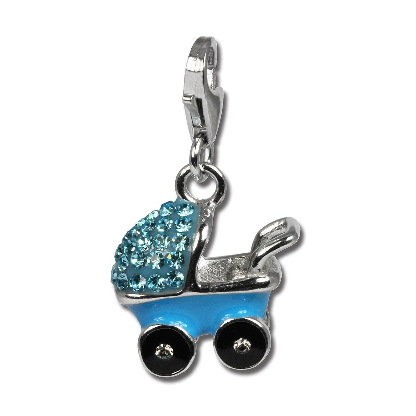 SilberDream Charm-Einhänger SilberDream blau Charm Kinderwagen (Charmsanhänger), Charmsanhänger Kinderwagen, 925 Sterling Silber, Farbe: hellblau, weiß